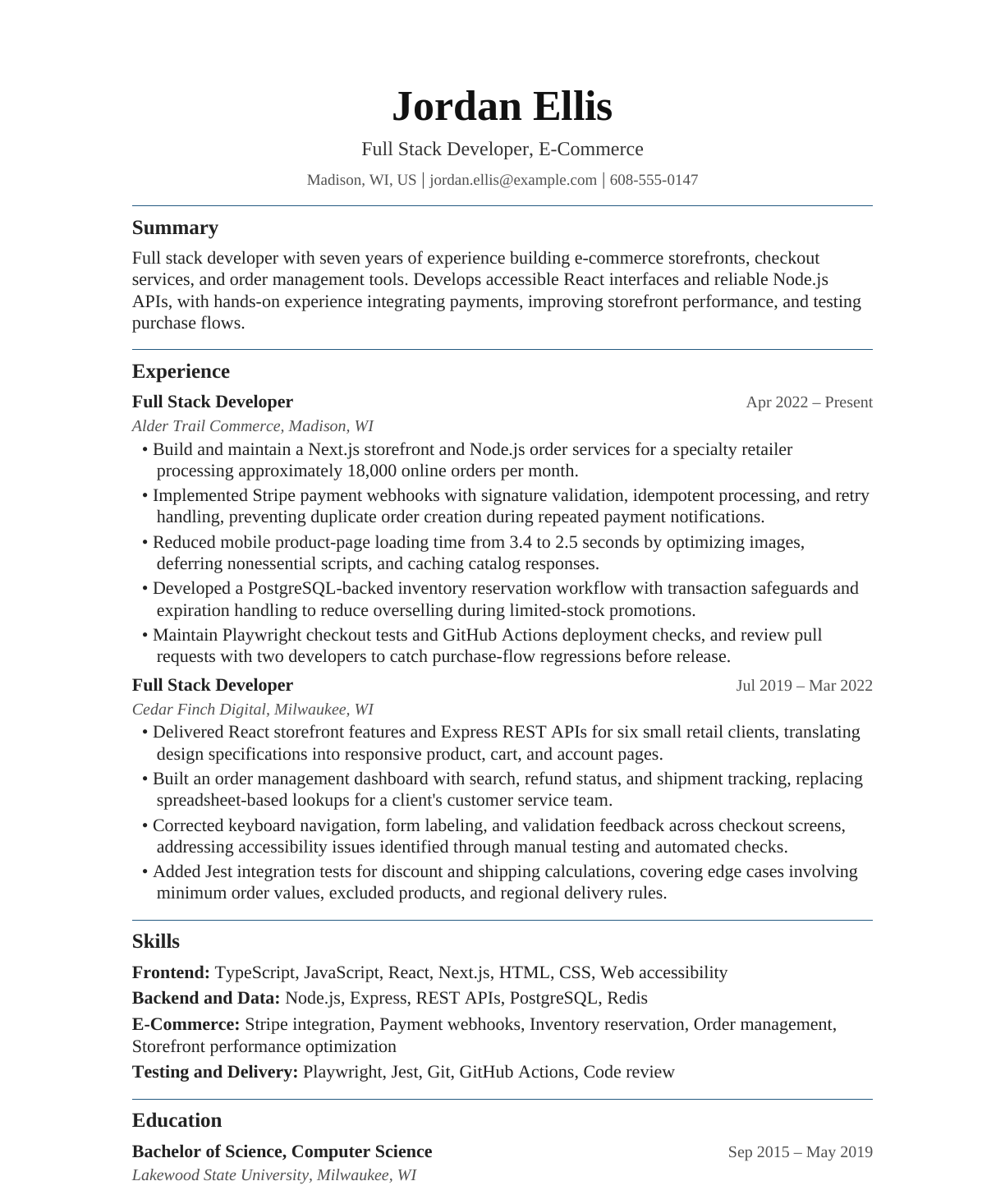 E-Commerce Full Stack Developer resume example