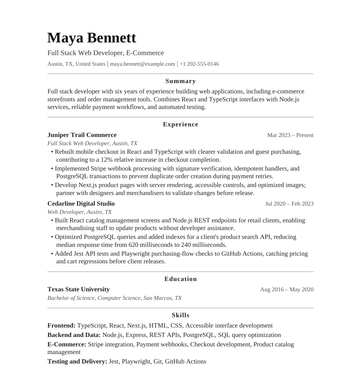 E-Commerce Full Stack Web Developer resume example