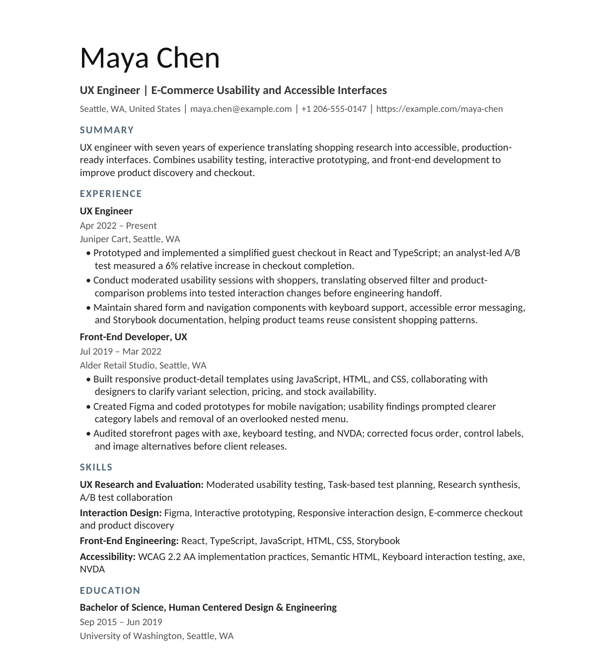E-Commerce UX Engineer resume example