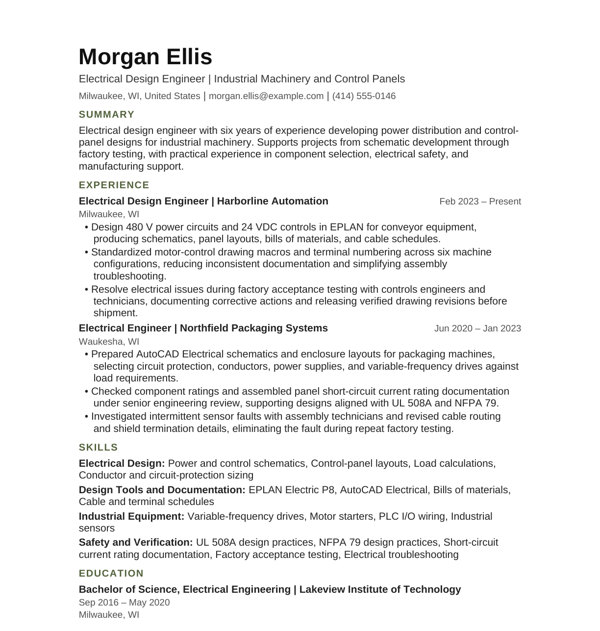 Electrical Design Engineer resume example