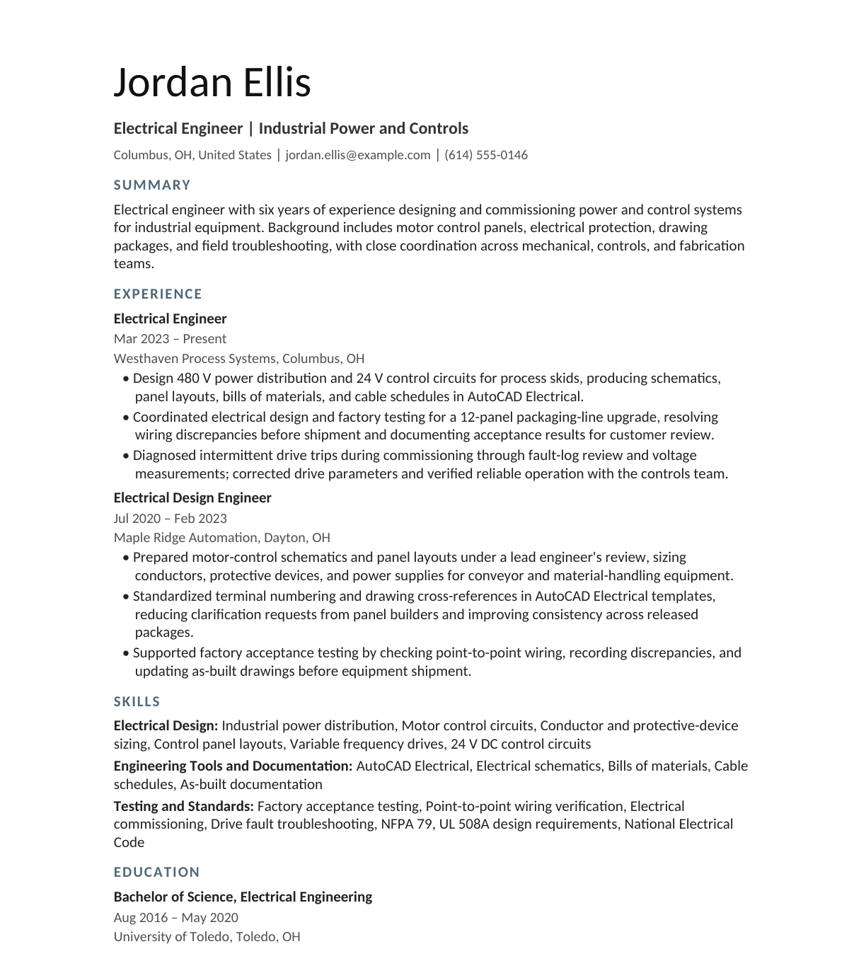 Electrical Engineer resume example