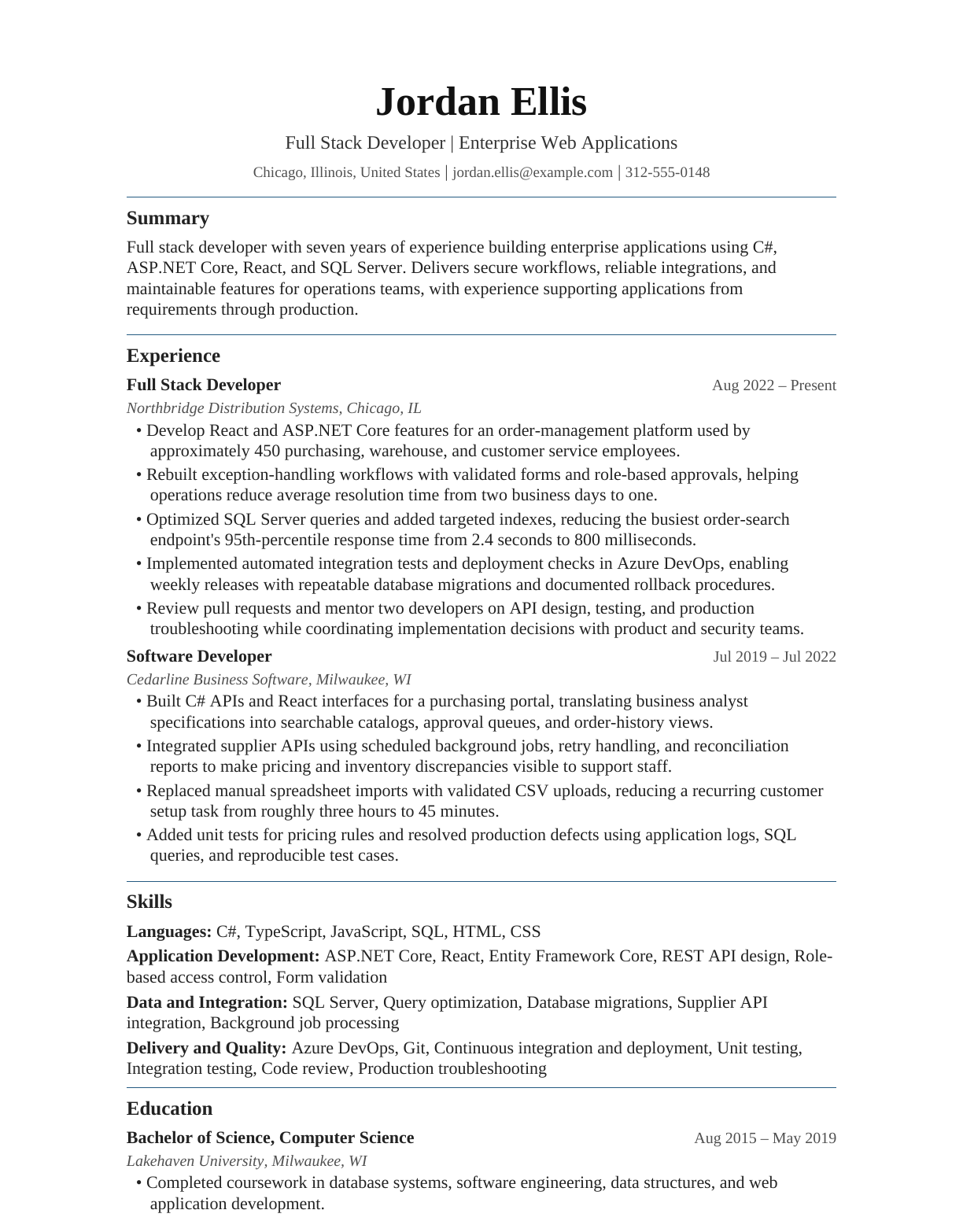 Enterprise Full Stack Developer resume example