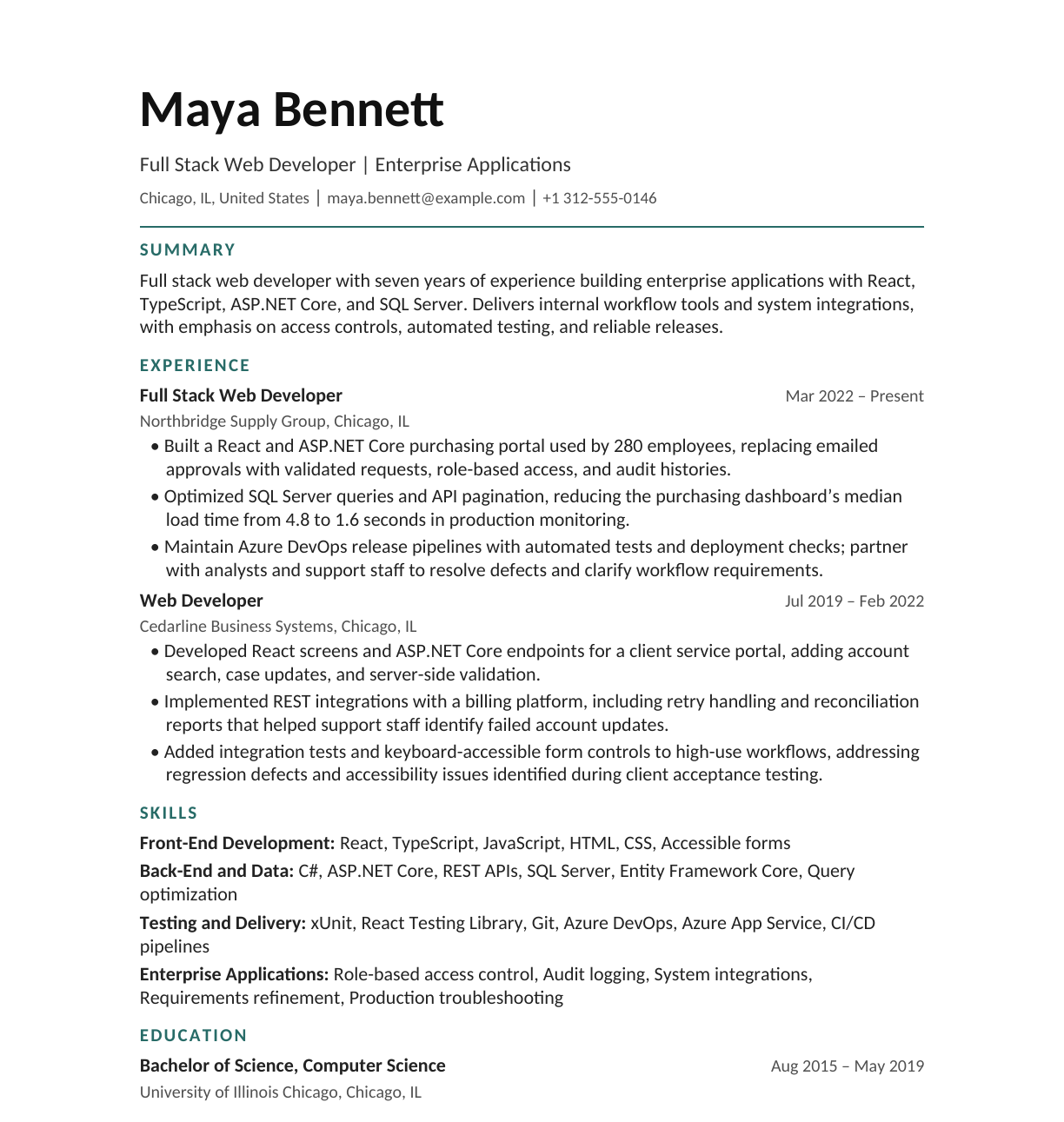 Enterprise Full Stack Web Developer resume example