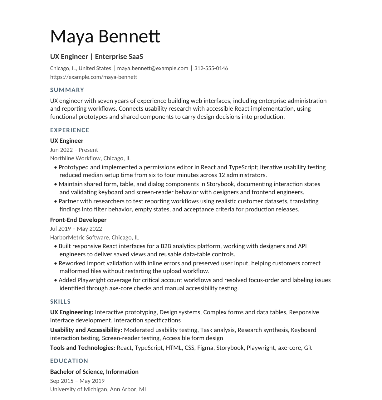 Enterprise SaaS UX Engineer resume example