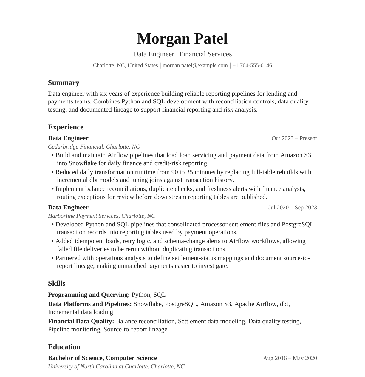 Financial Services Data Engineer resume example