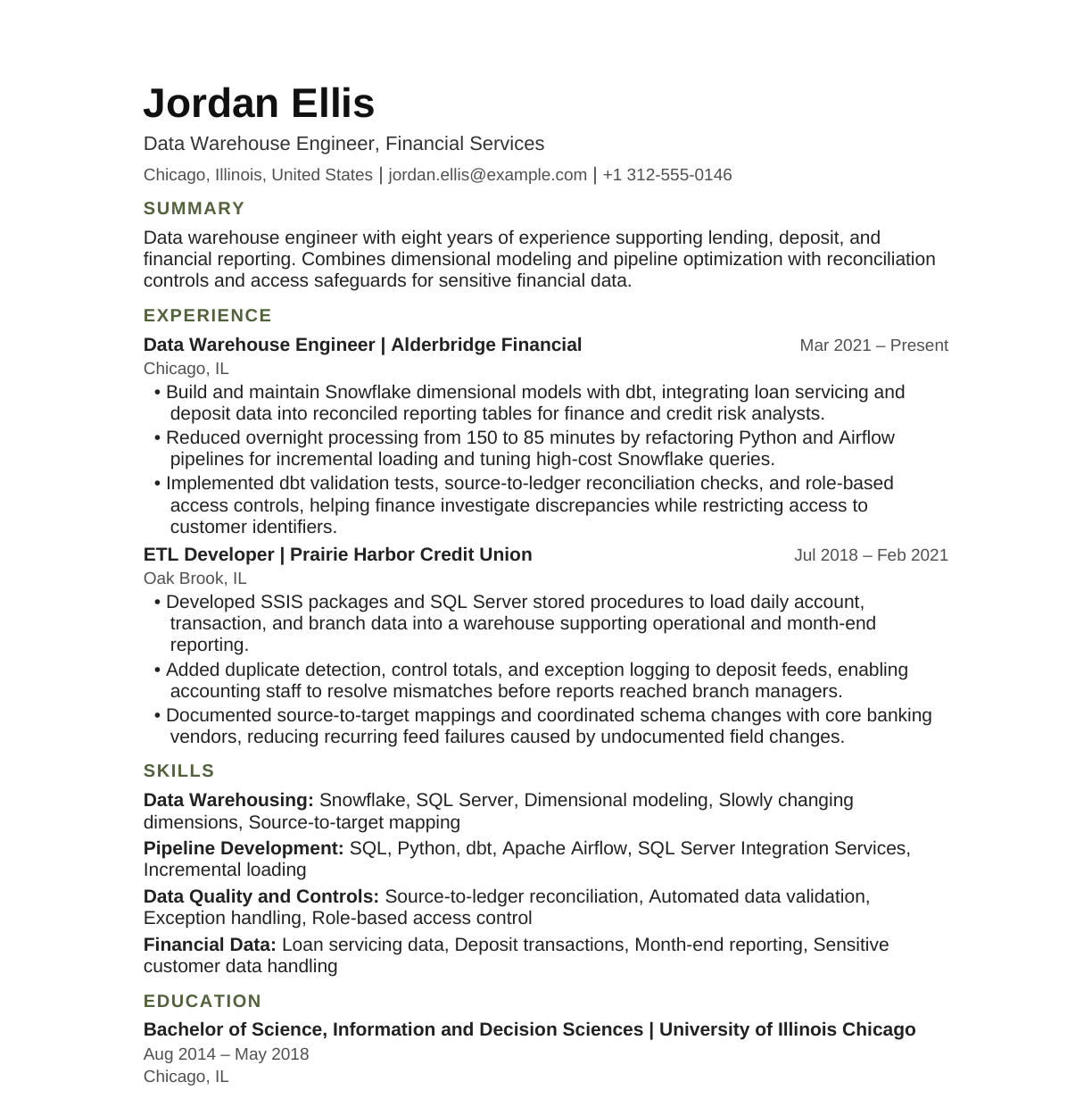 Financial Services Data Warehouse Engineer resume example