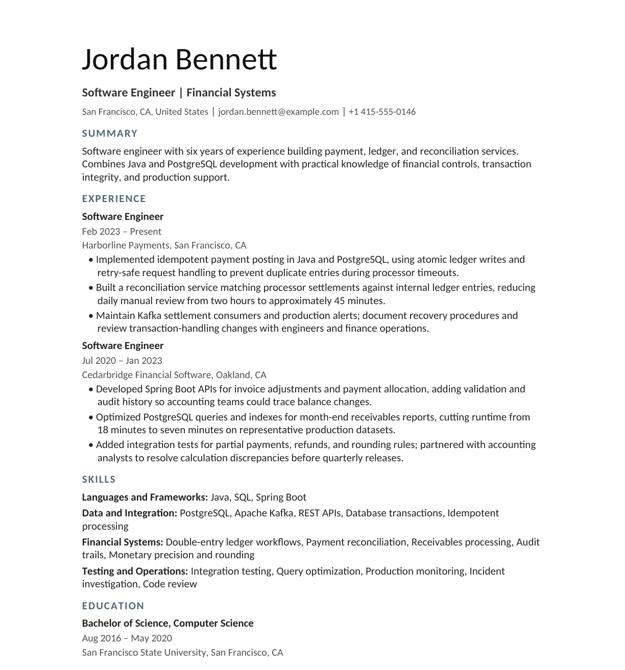 Financial Systems Software Engineer resume example