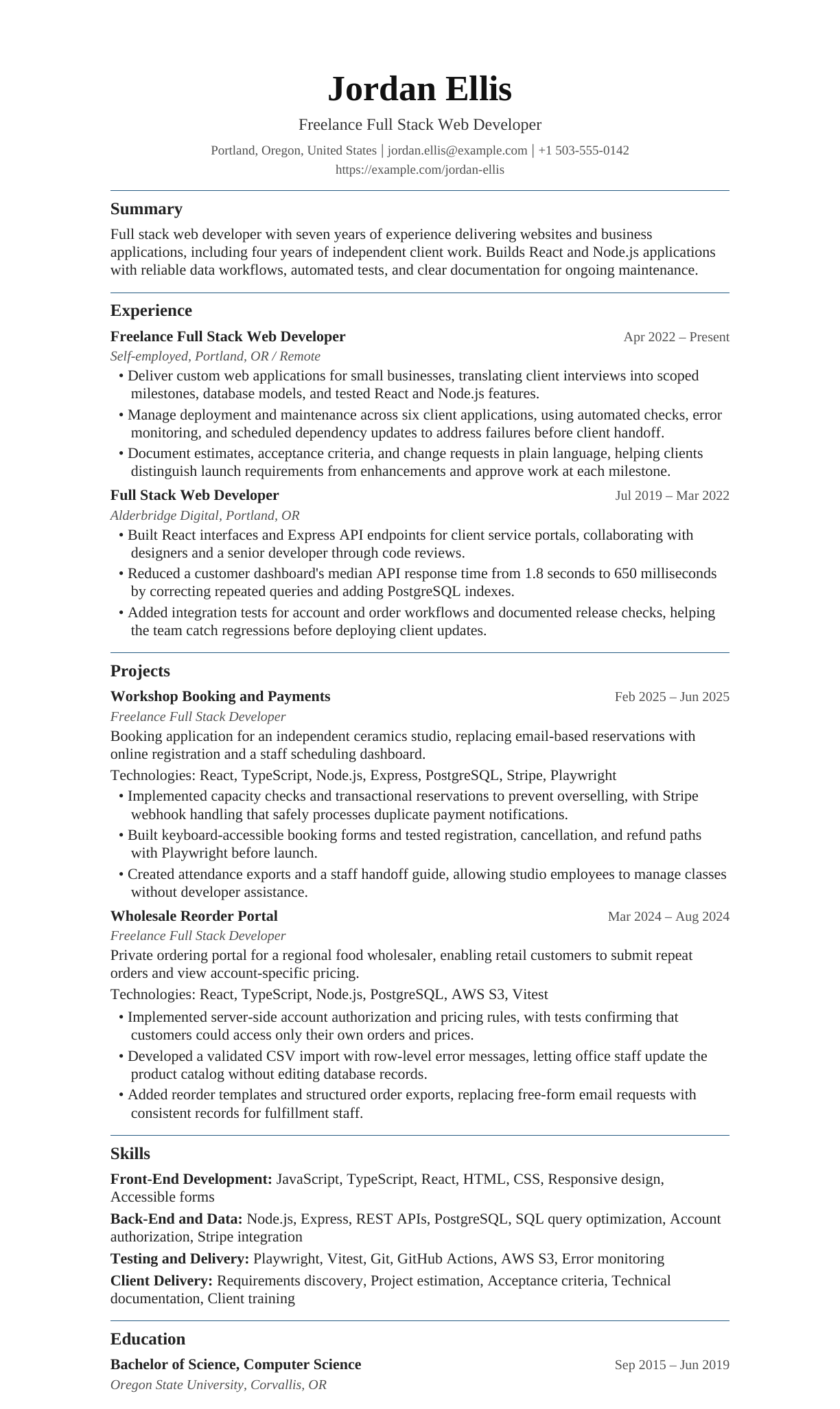 Freelance Full Stack Web Developer resume example