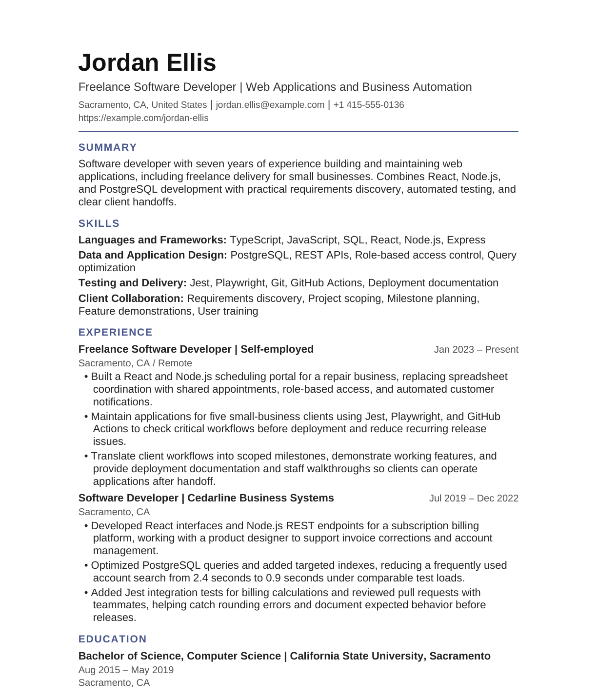 Freelance Software Developer resume example