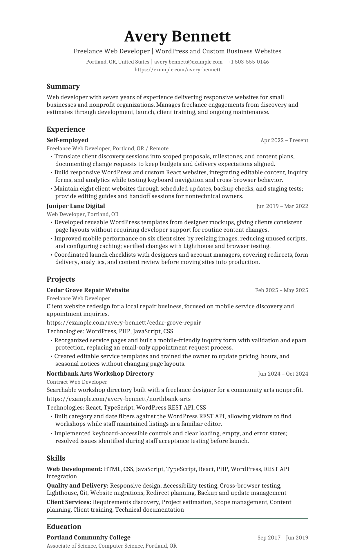 Freelance Web Developer resume example