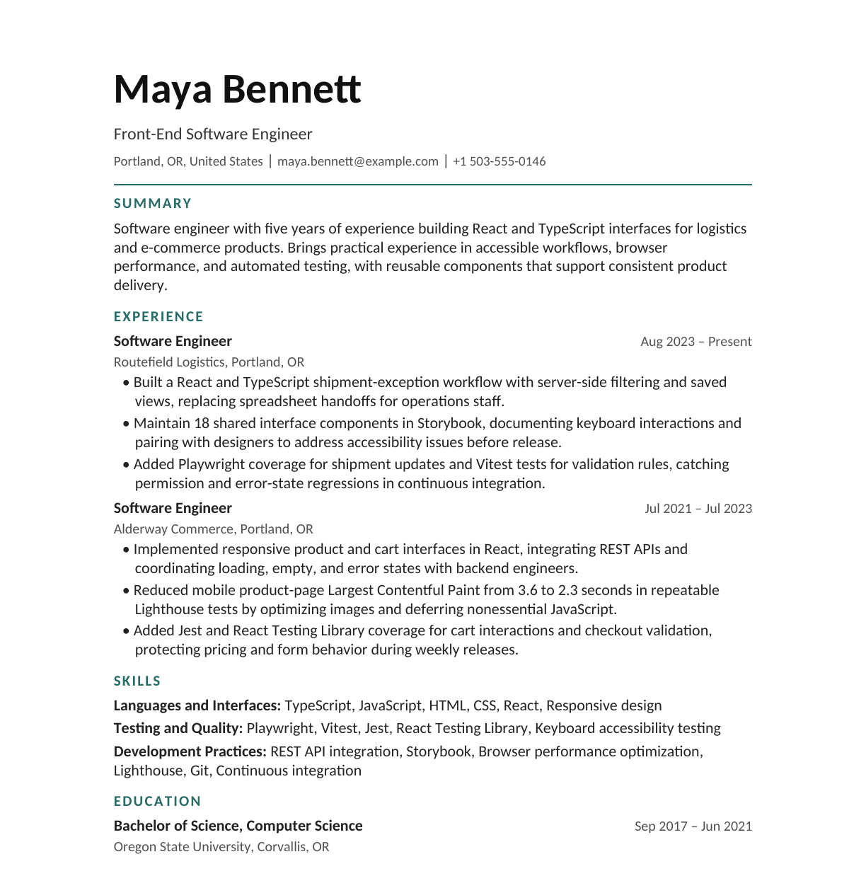 Front-End Software Engineer resume example