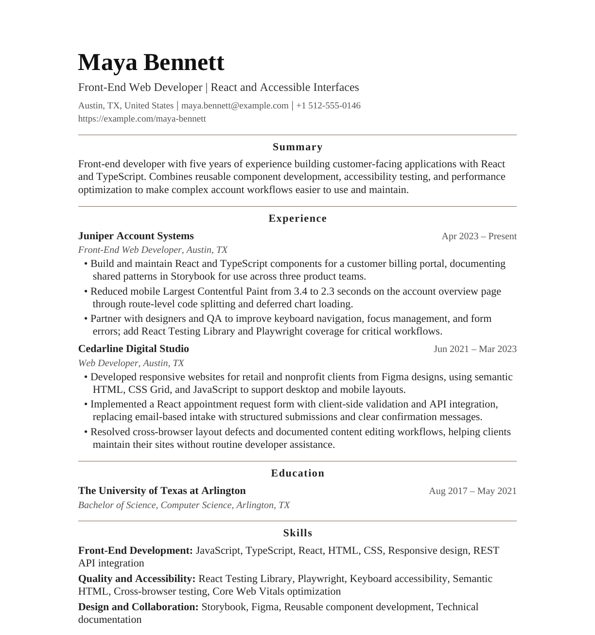 Front-End Web Developer resume example