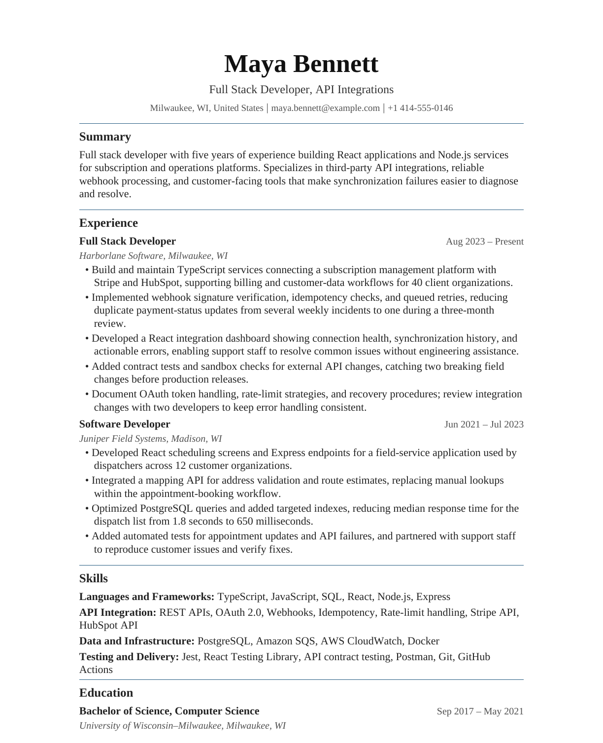 Full Stack Developer — API Integrations resume example