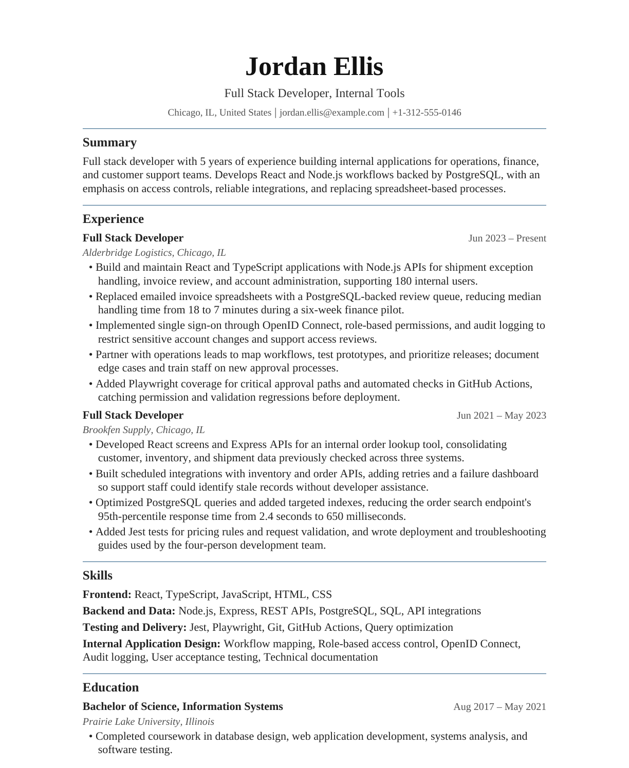 Full Stack Developer — Internal Tools resume example
