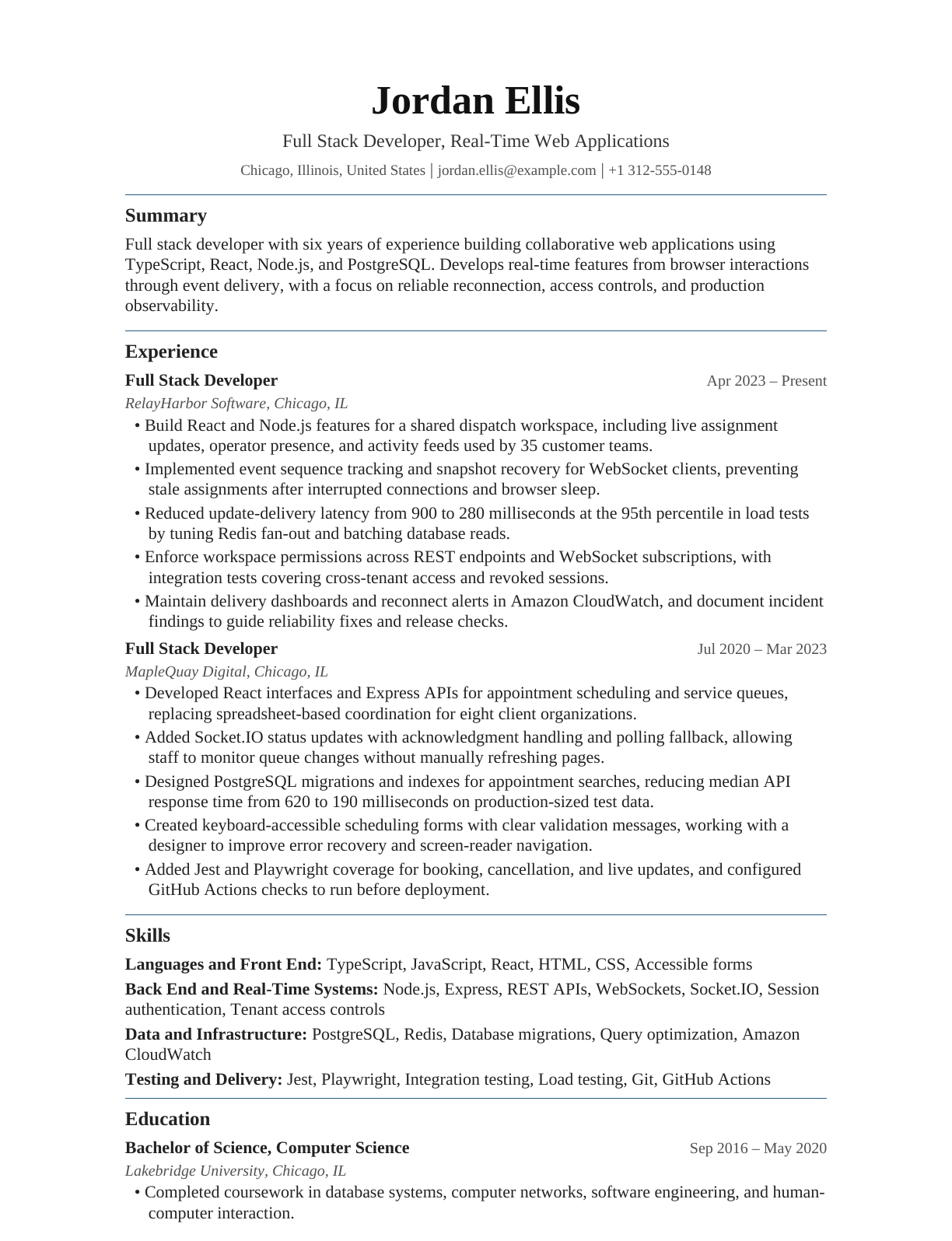 Full Stack Developer — Real-Time Applications resume example
