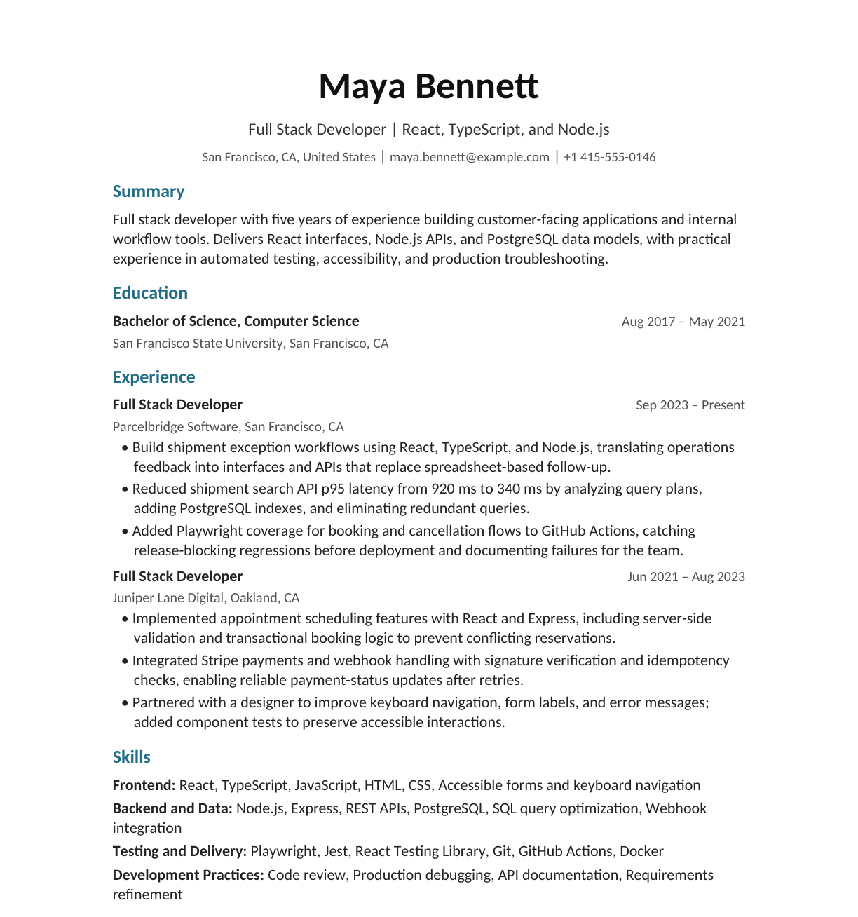 Full Stack Developer resume example