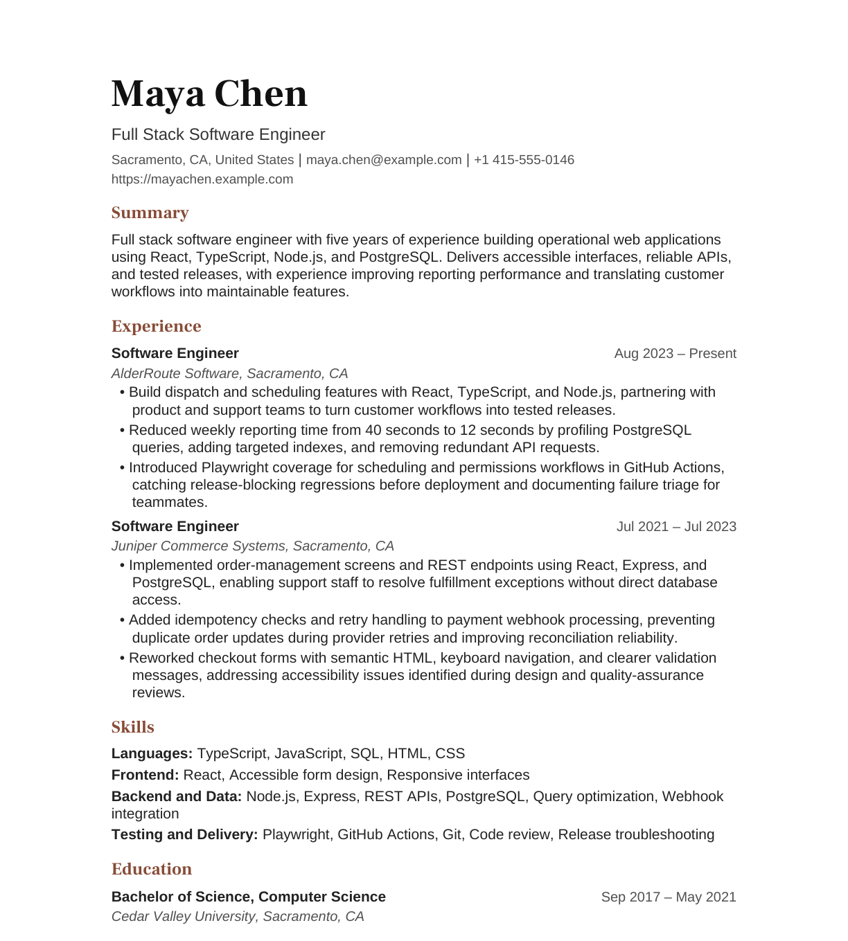 Full Stack Software Engineer resume example