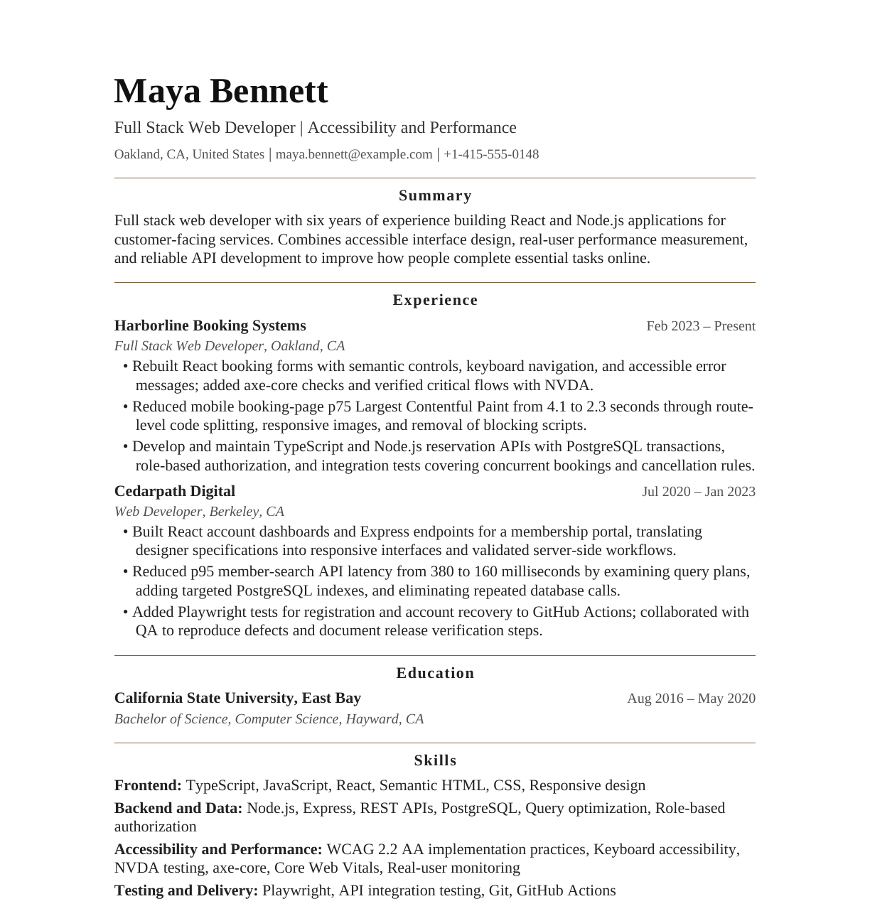 Full Stack Web Developer — Accessibility and Performance resume example