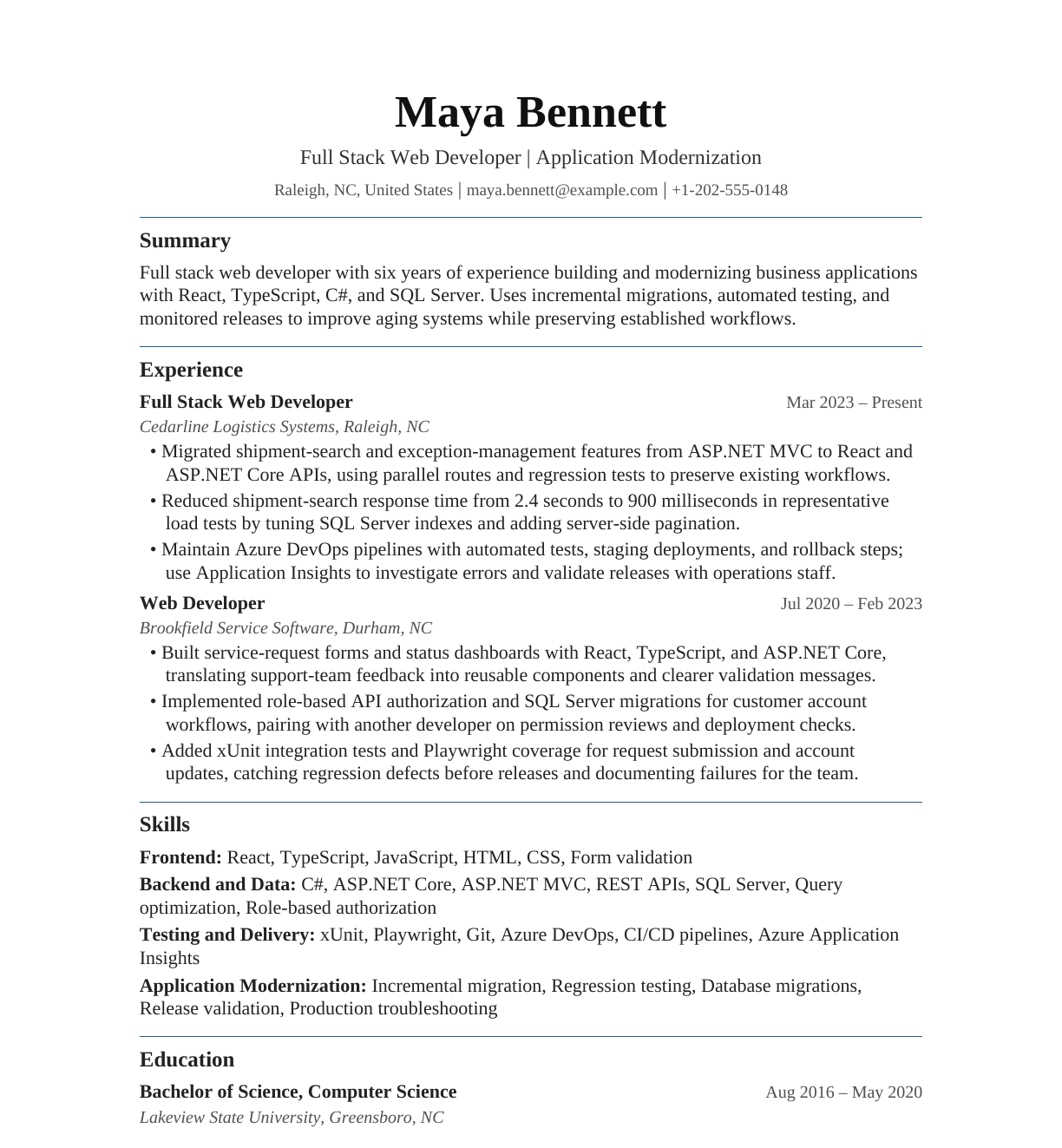 Full Stack Web Developer — Application Modernization resume example