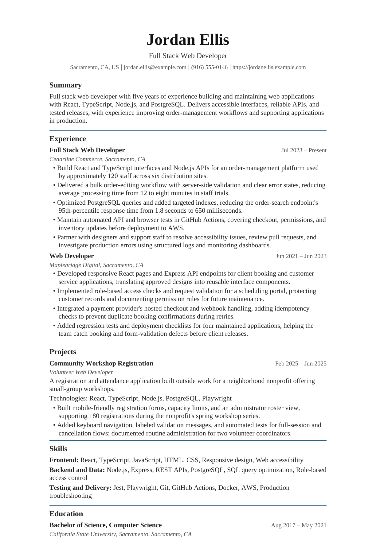 Full Stack Web Developer resume example