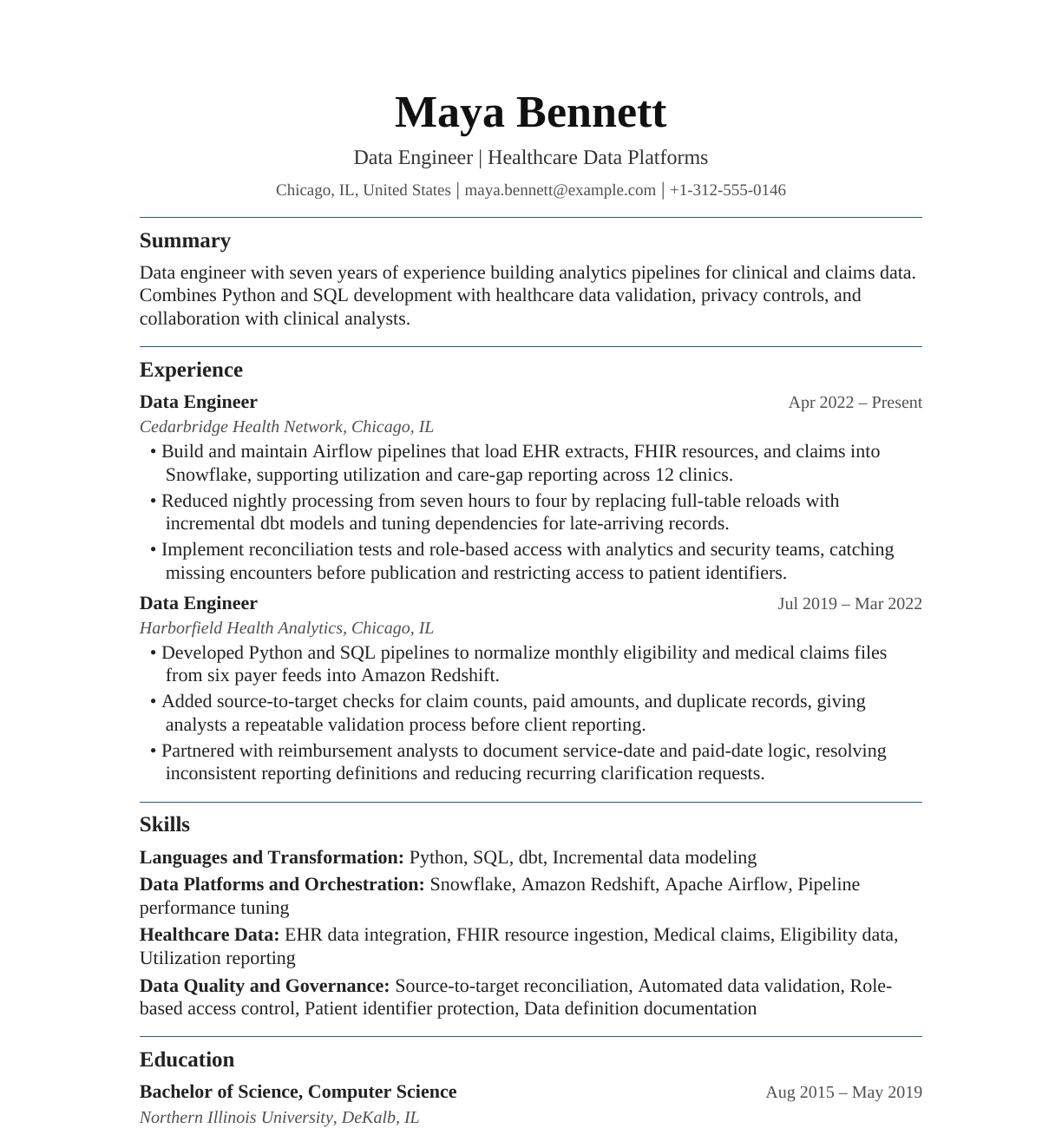 Healthcare Data Engineer resume example