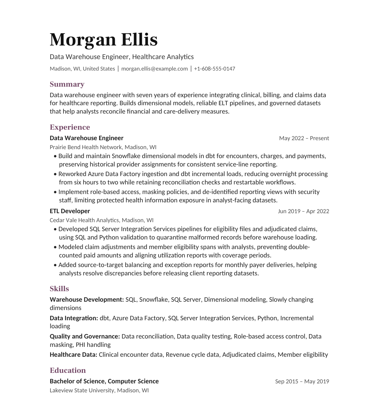 Healthcare Data Warehouse Engineer resume example