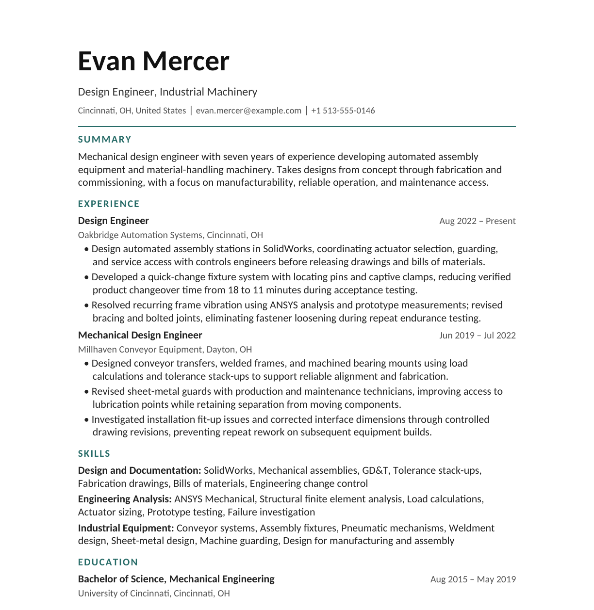 Industrial Machinery Design Engineer resume example