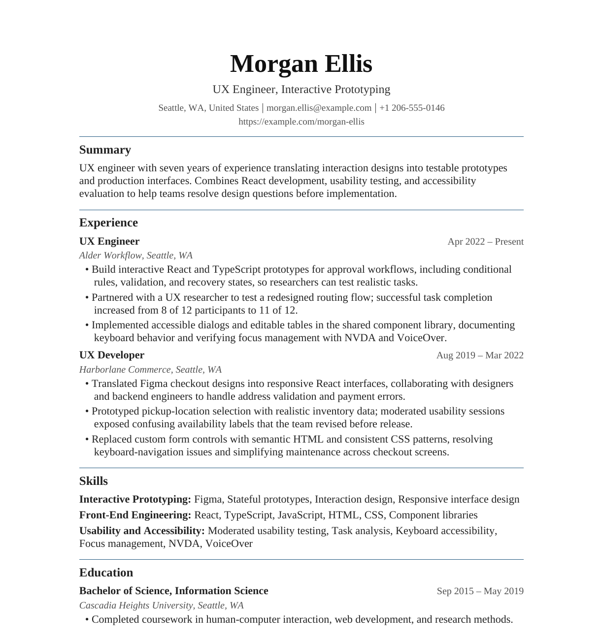 Interactive Prototyping UX Engineer resume example
