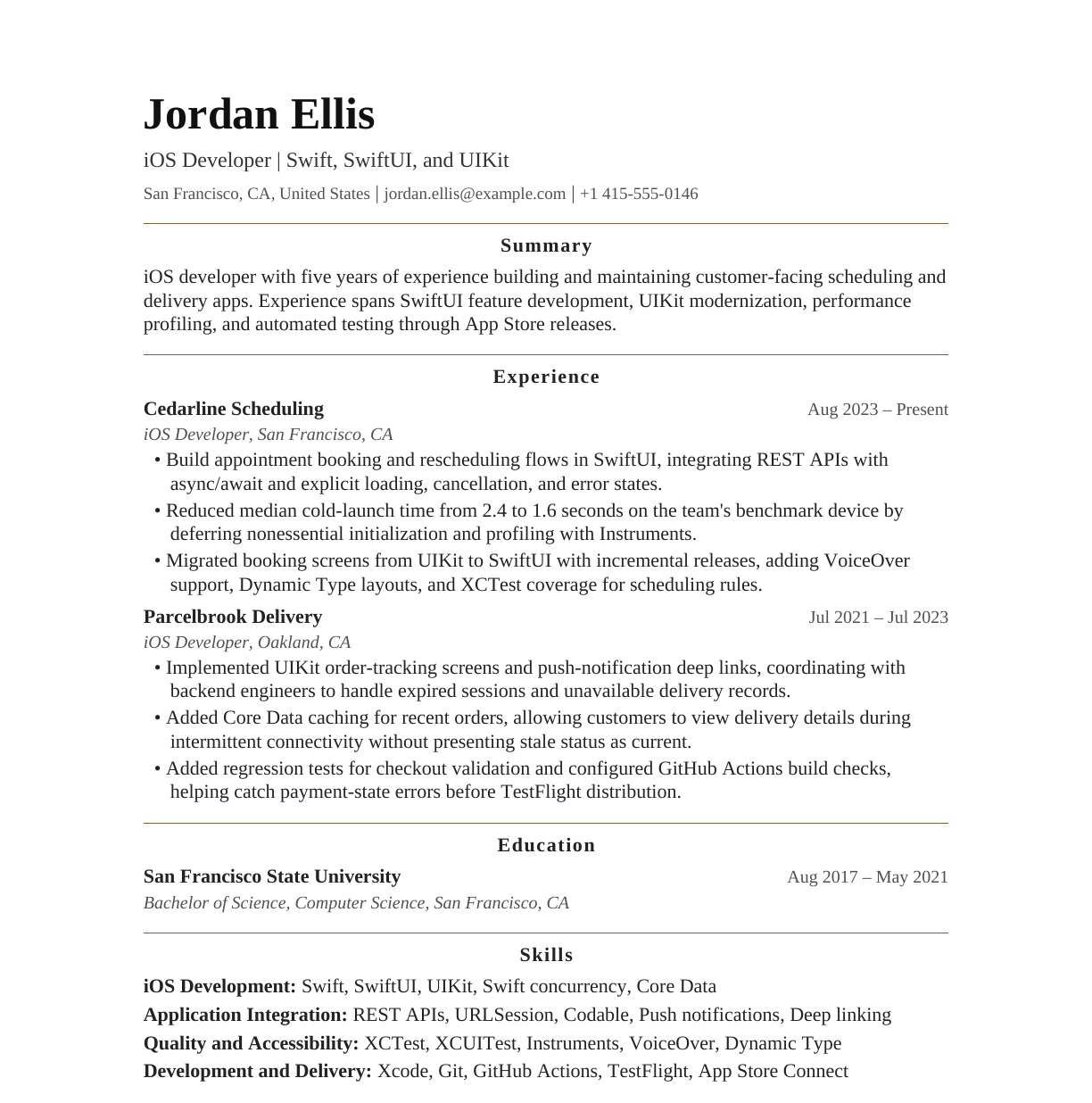 iOS Developer resume example