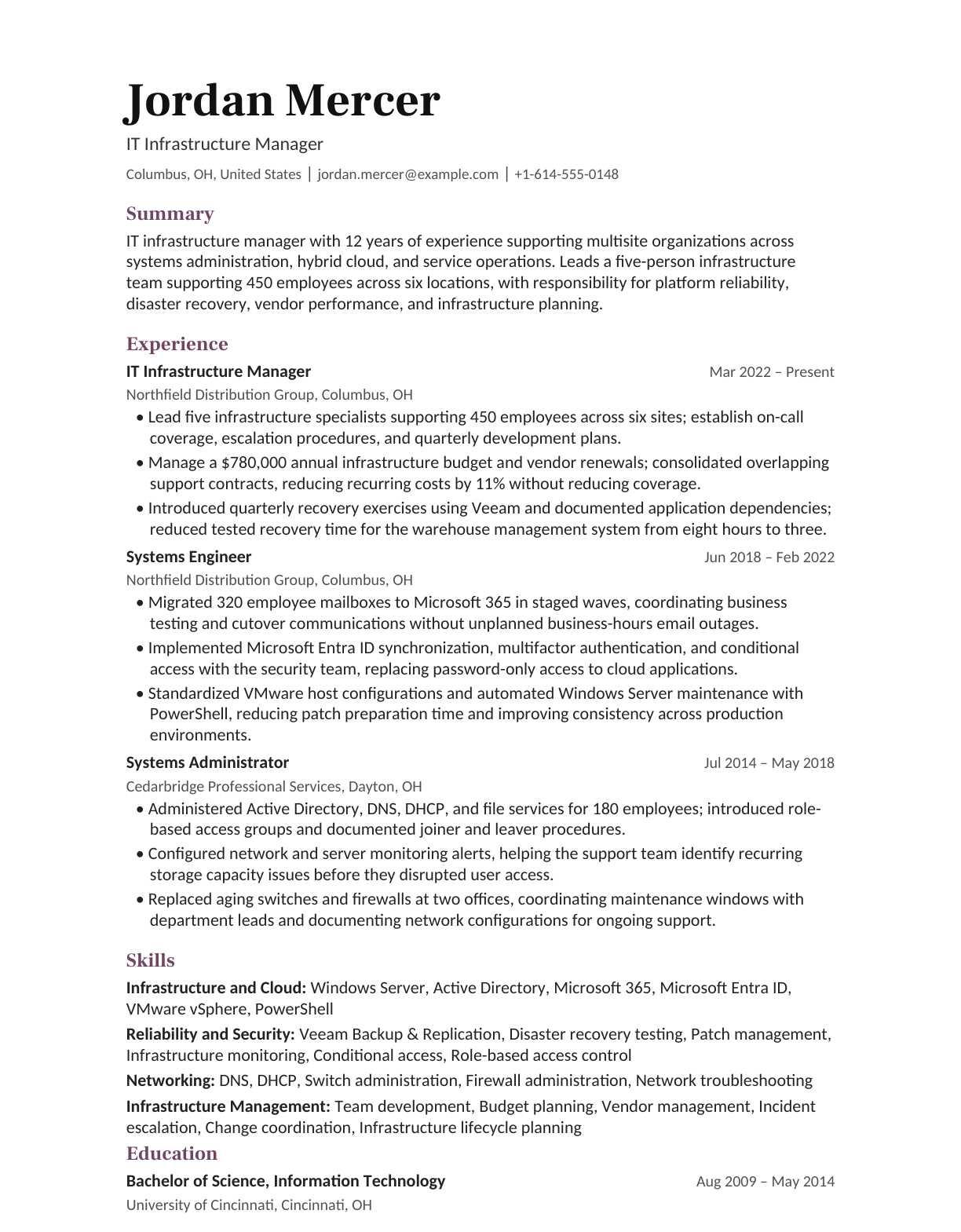 IT Infrastructure Manager resume example