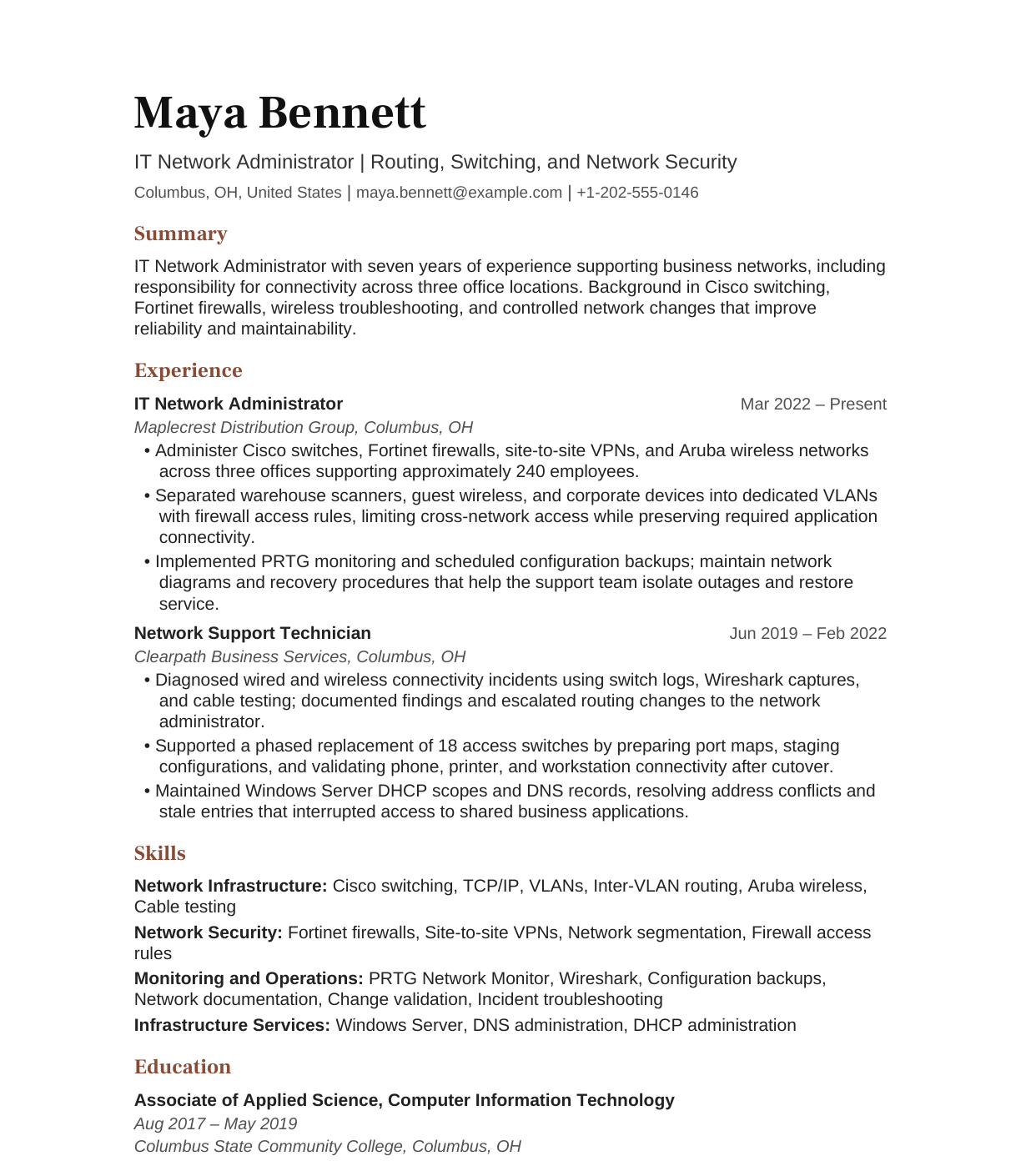 IT Network Administrator resume example