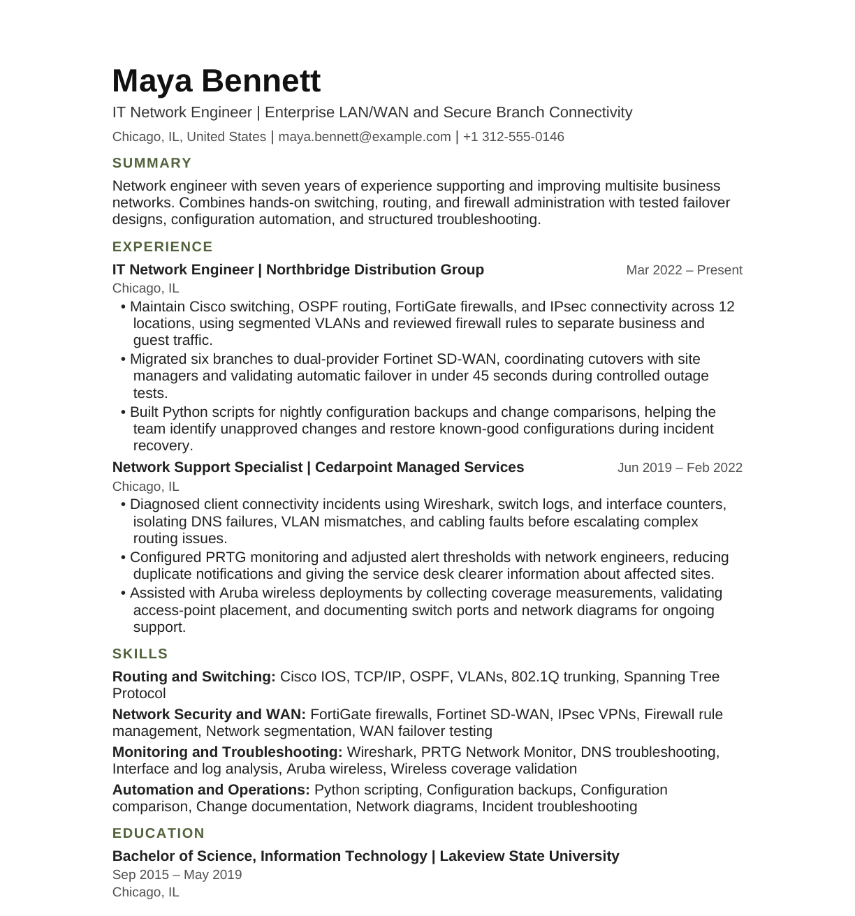 IT Network Engineer resume example