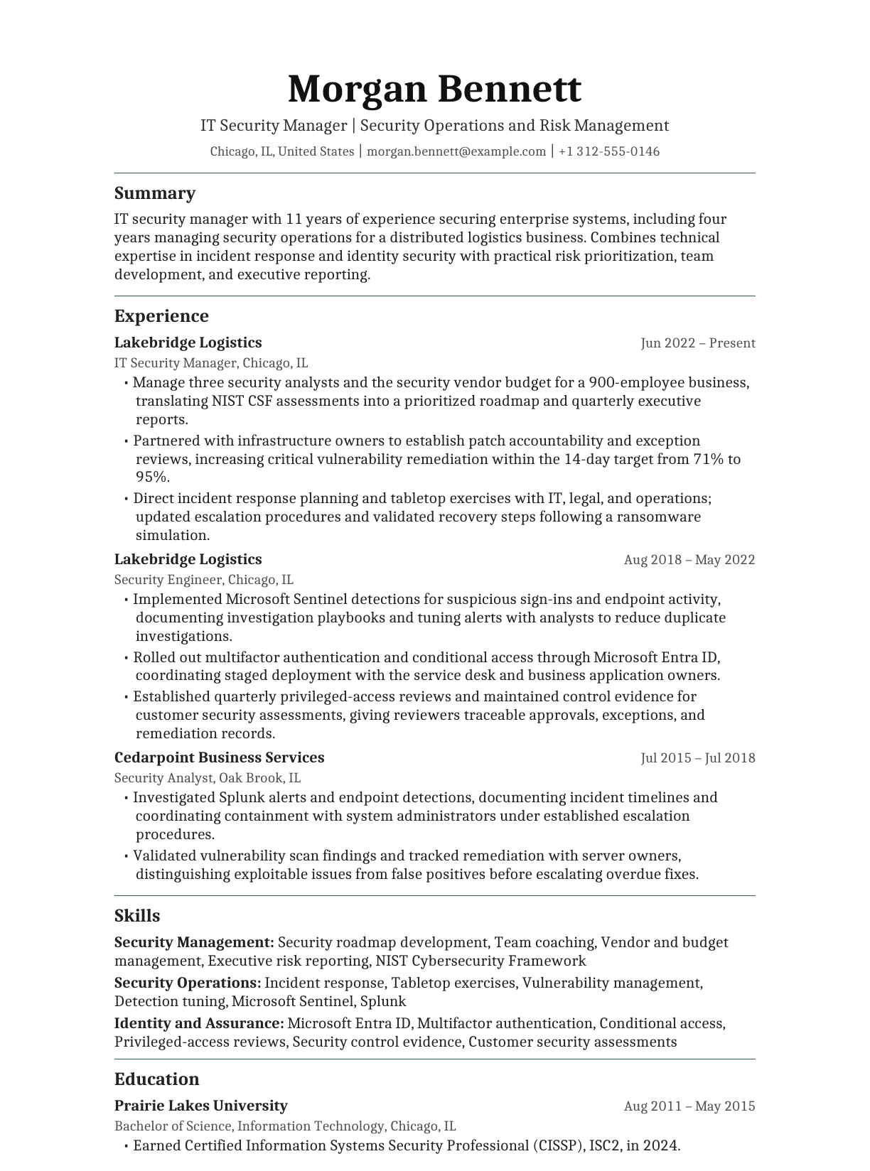 IT Security Manager resume example
