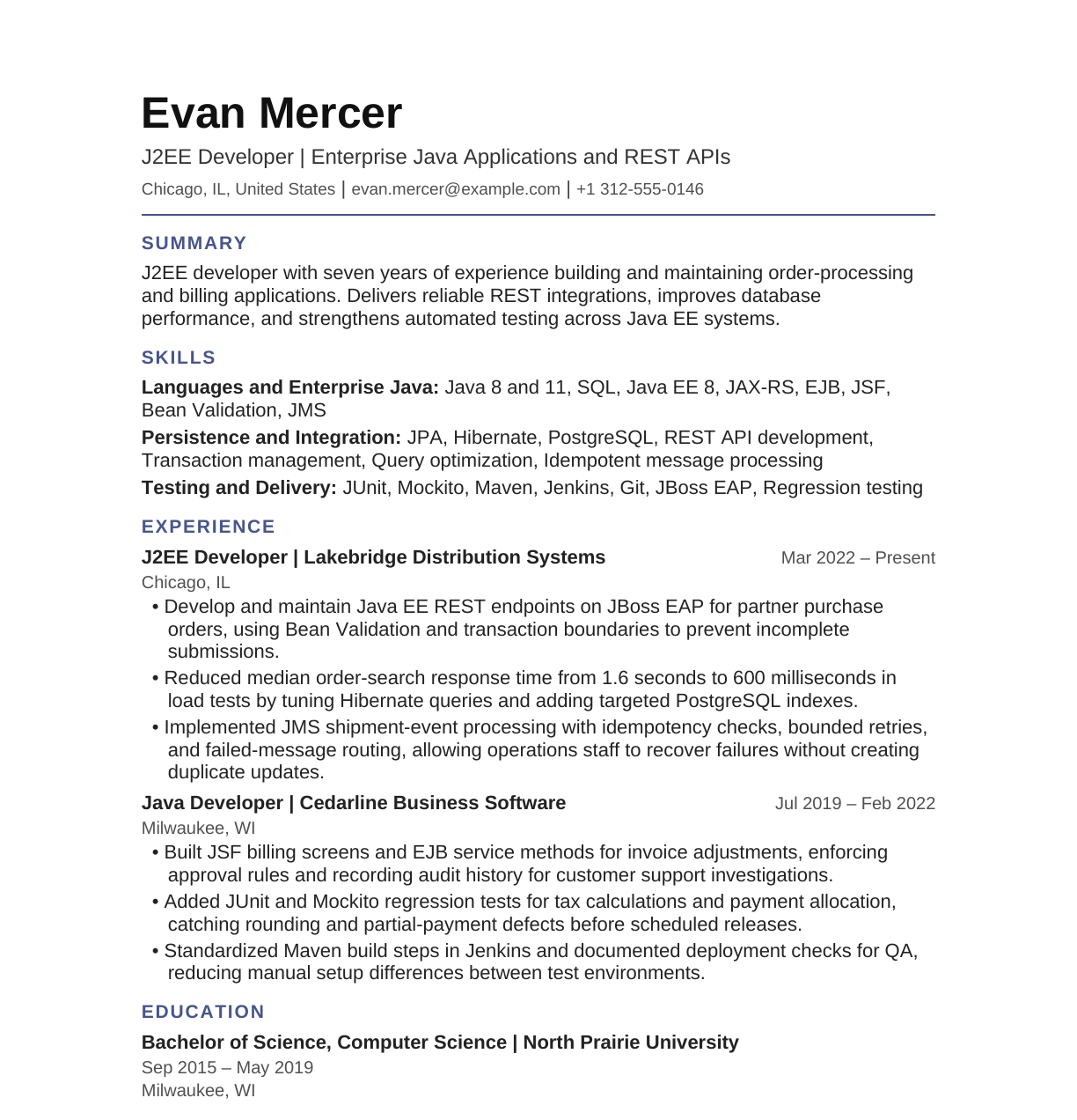 J2EE Developer resume example