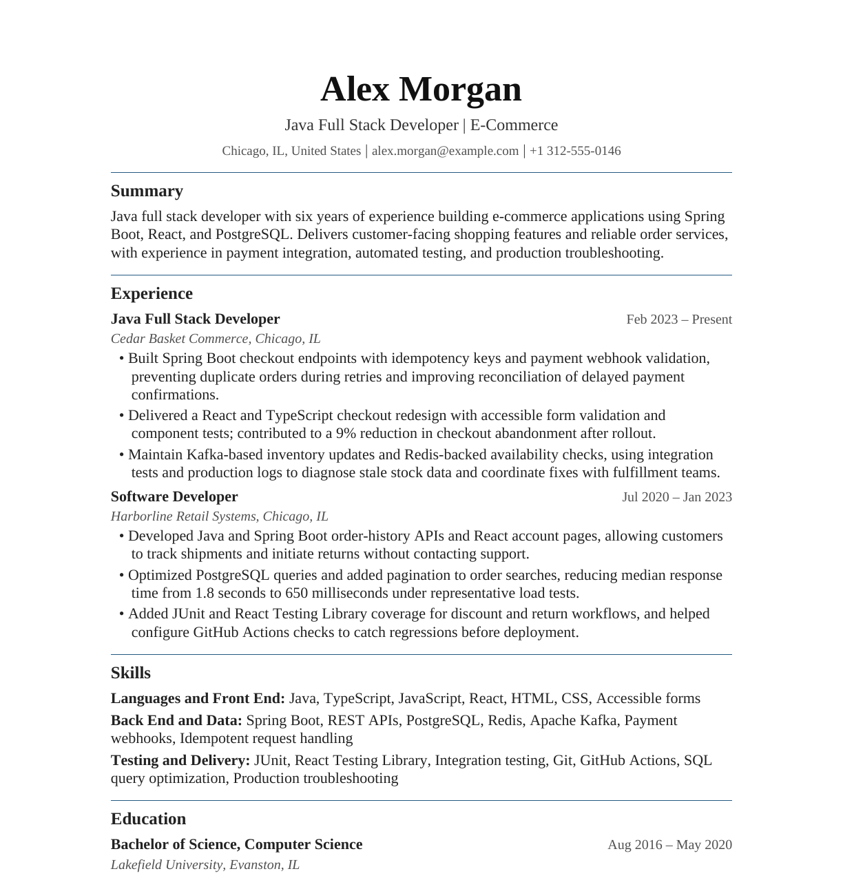 Java Full Stack Developer — E-Commerce resume example