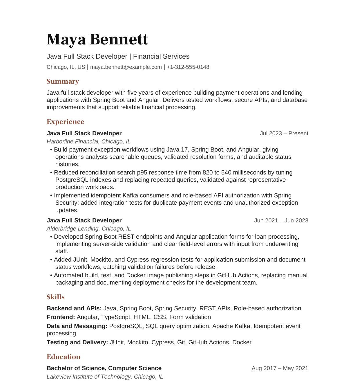Java Full Stack Developer — Financial Services resume example