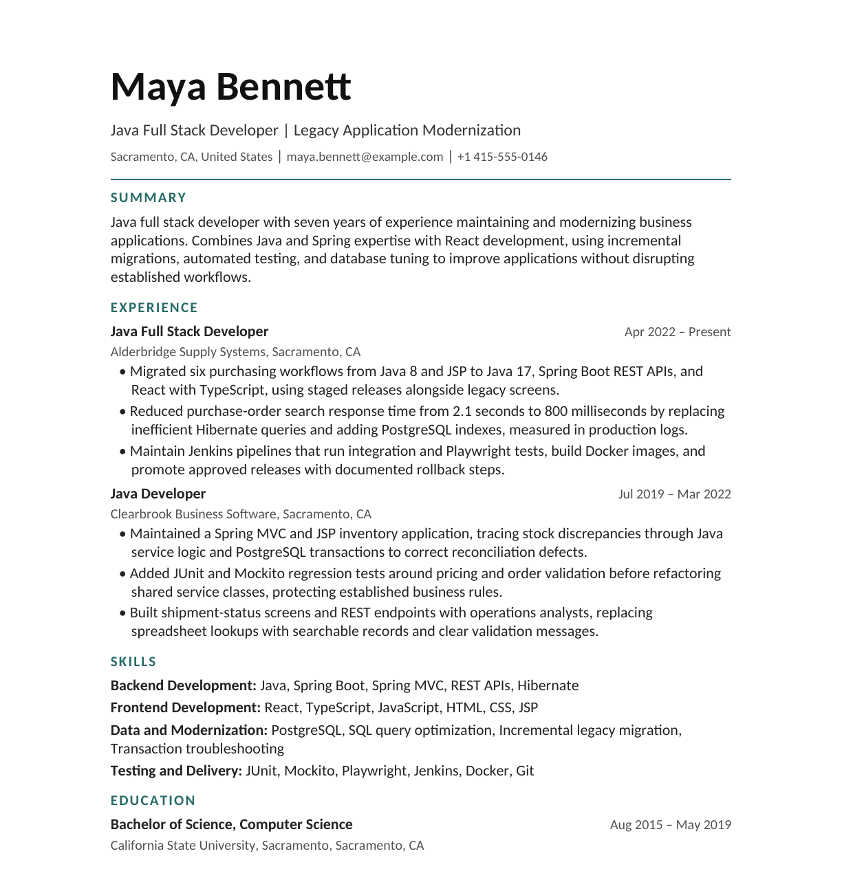 Java Full Stack Developer — Legacy Application Modernization resume example