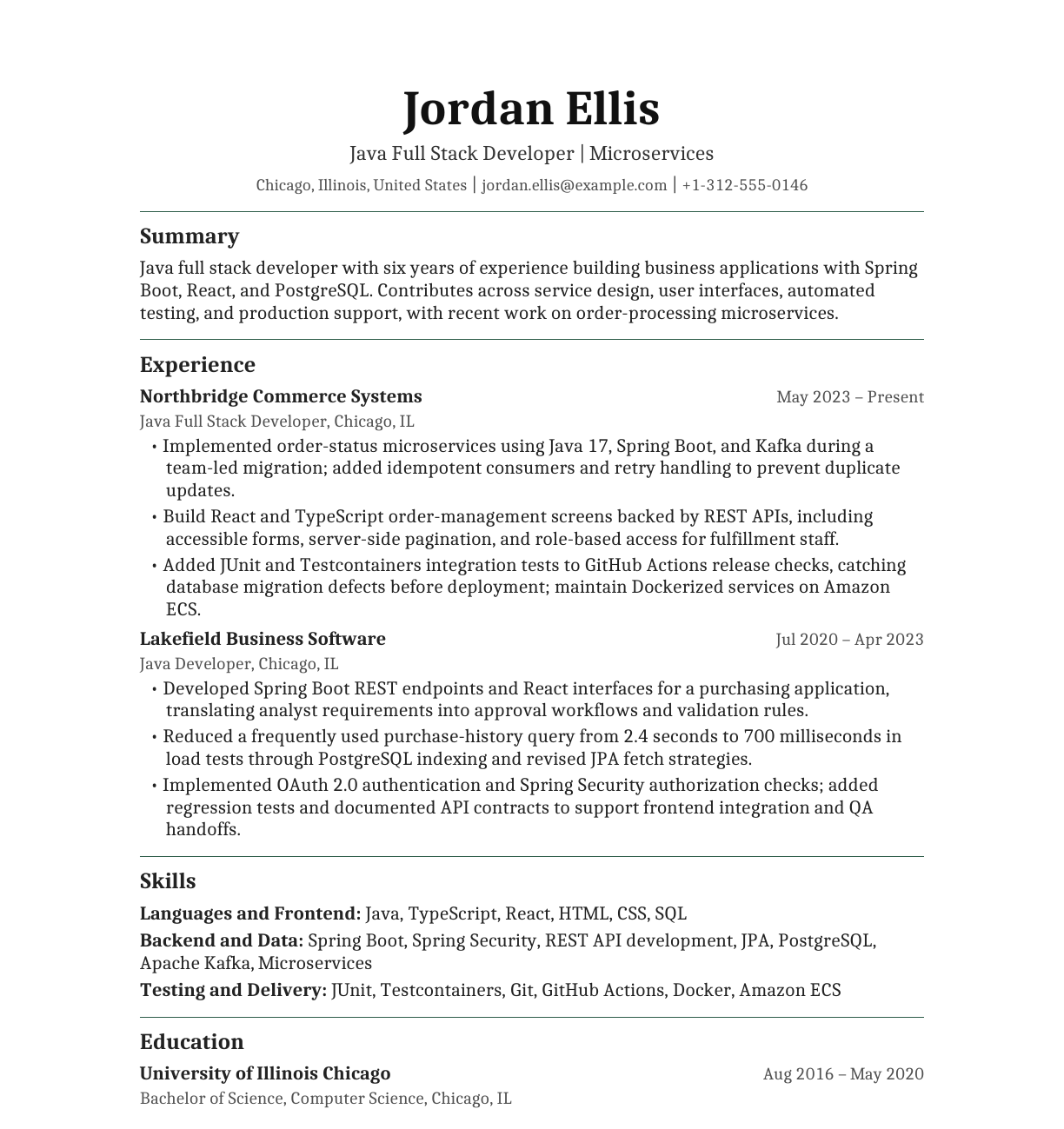 Java Full Stack Developer — Microservices resume example