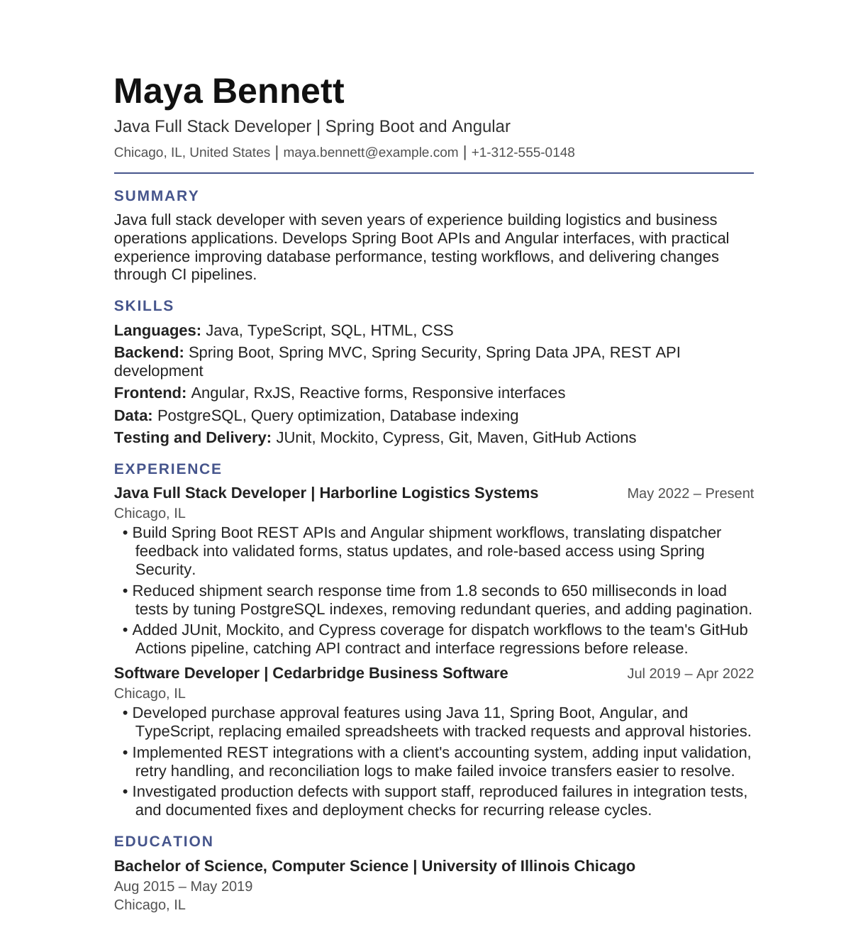 Java Full Stack Developer — Spring Boot and Angular resume example