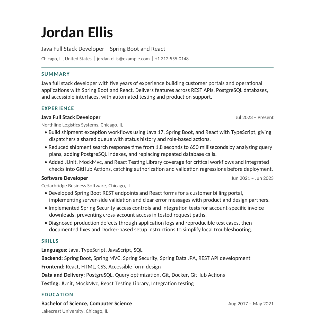 Java Full Stack Developer — Spring Boot and React resume example