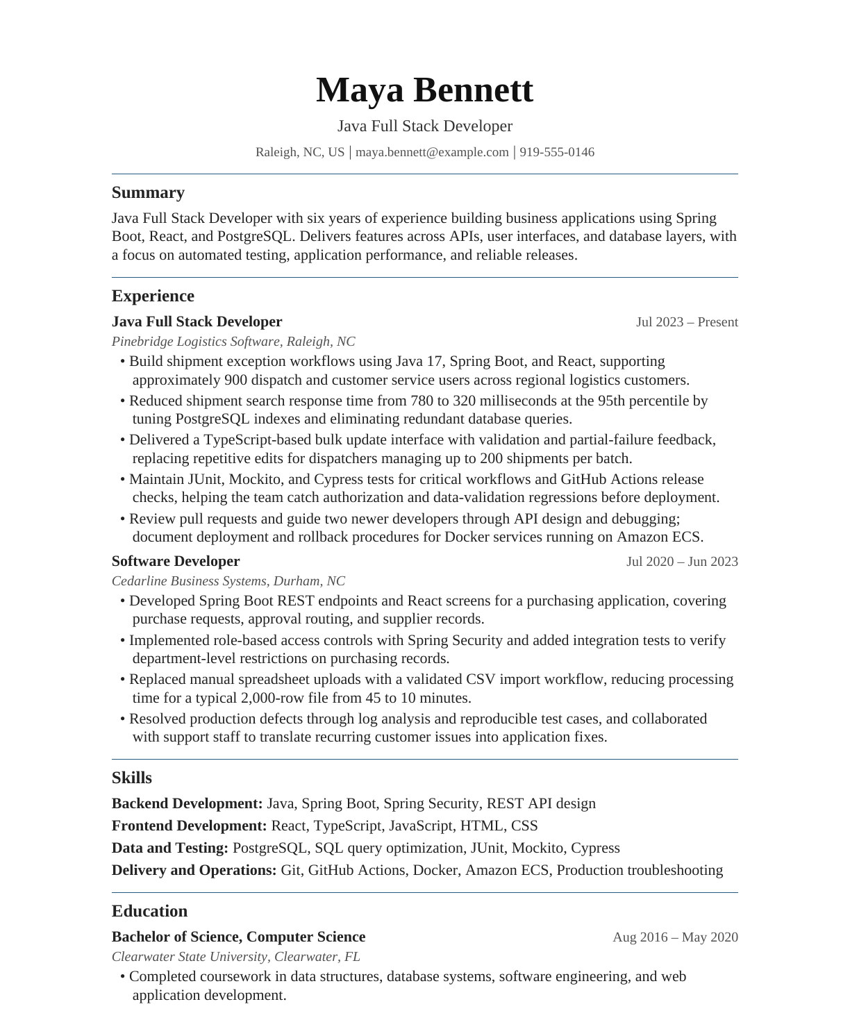 Java Full Stack Developer resume example