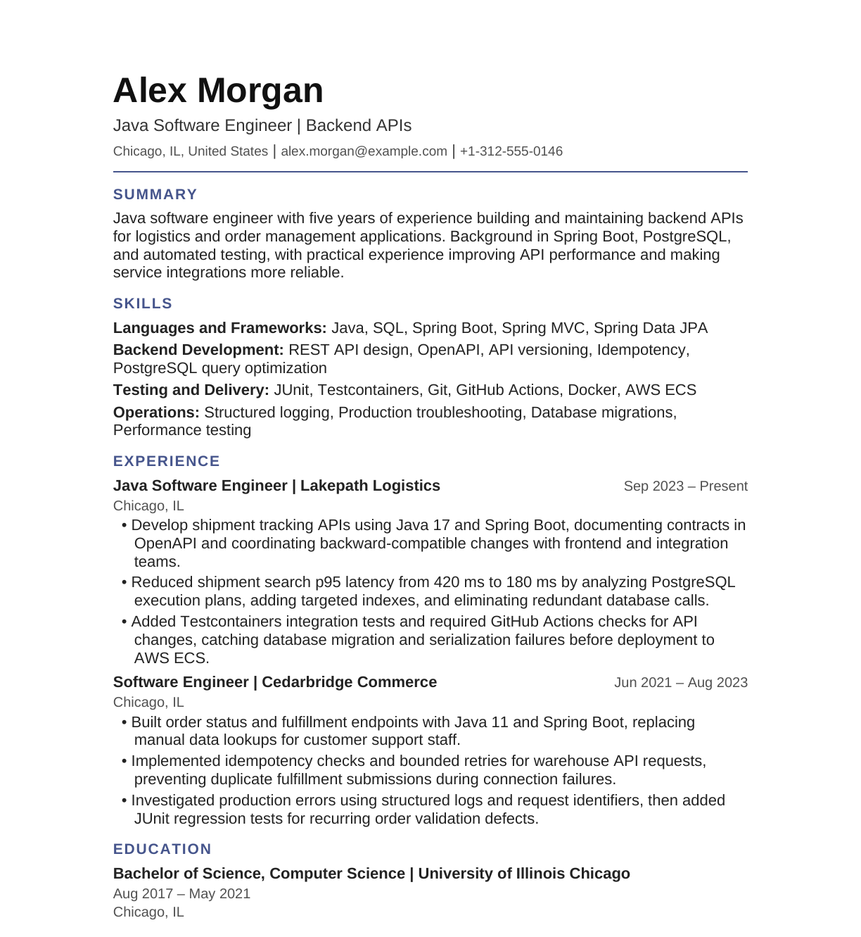Java Software Engineer — Backend APIs resume example