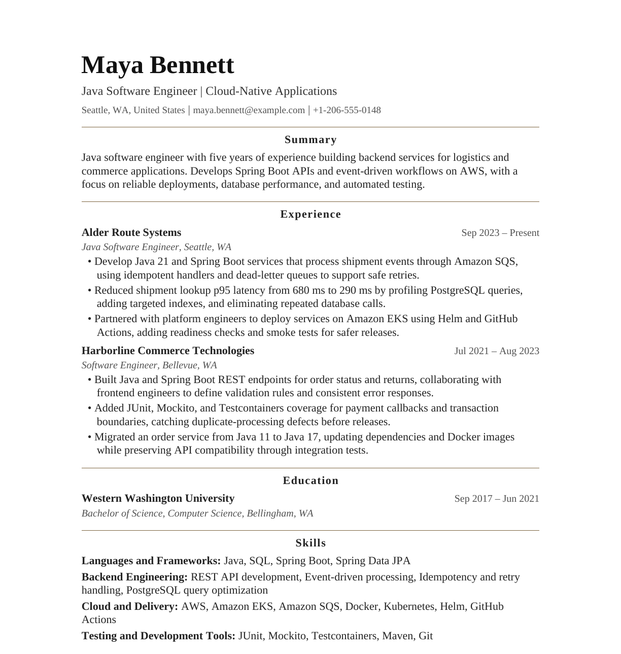 Java Software Engineer — Cloud-Native Applications resume example