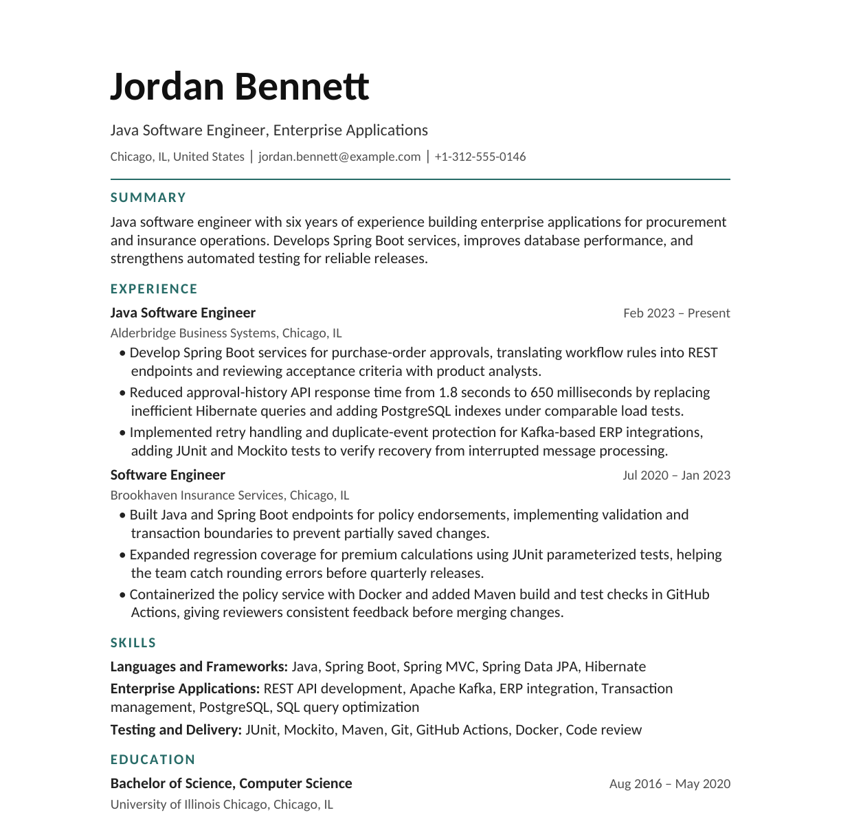 Java Software Engineer — Enterprise Applications resume example