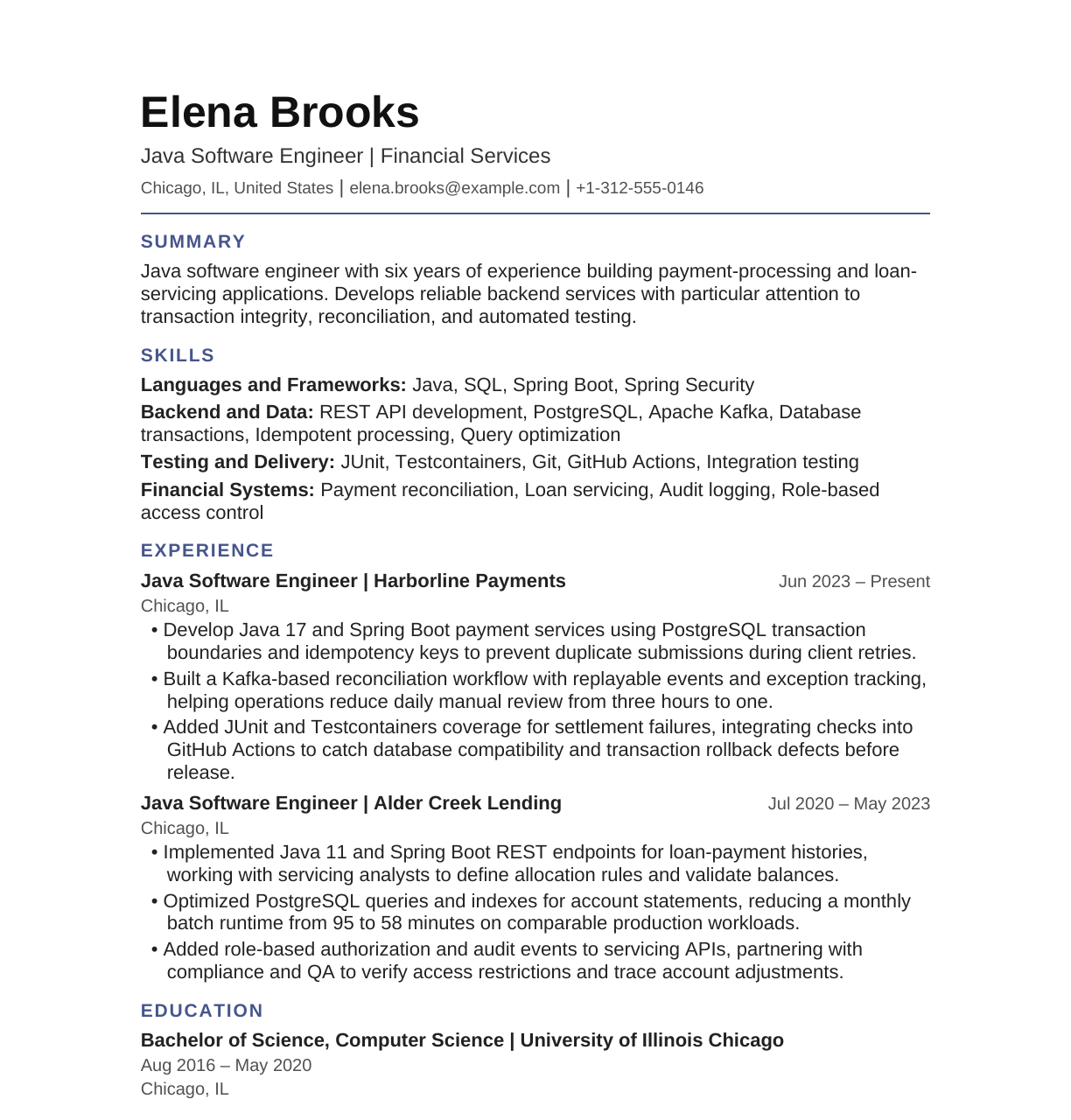 Java Software Engineer — Financial Services resume example