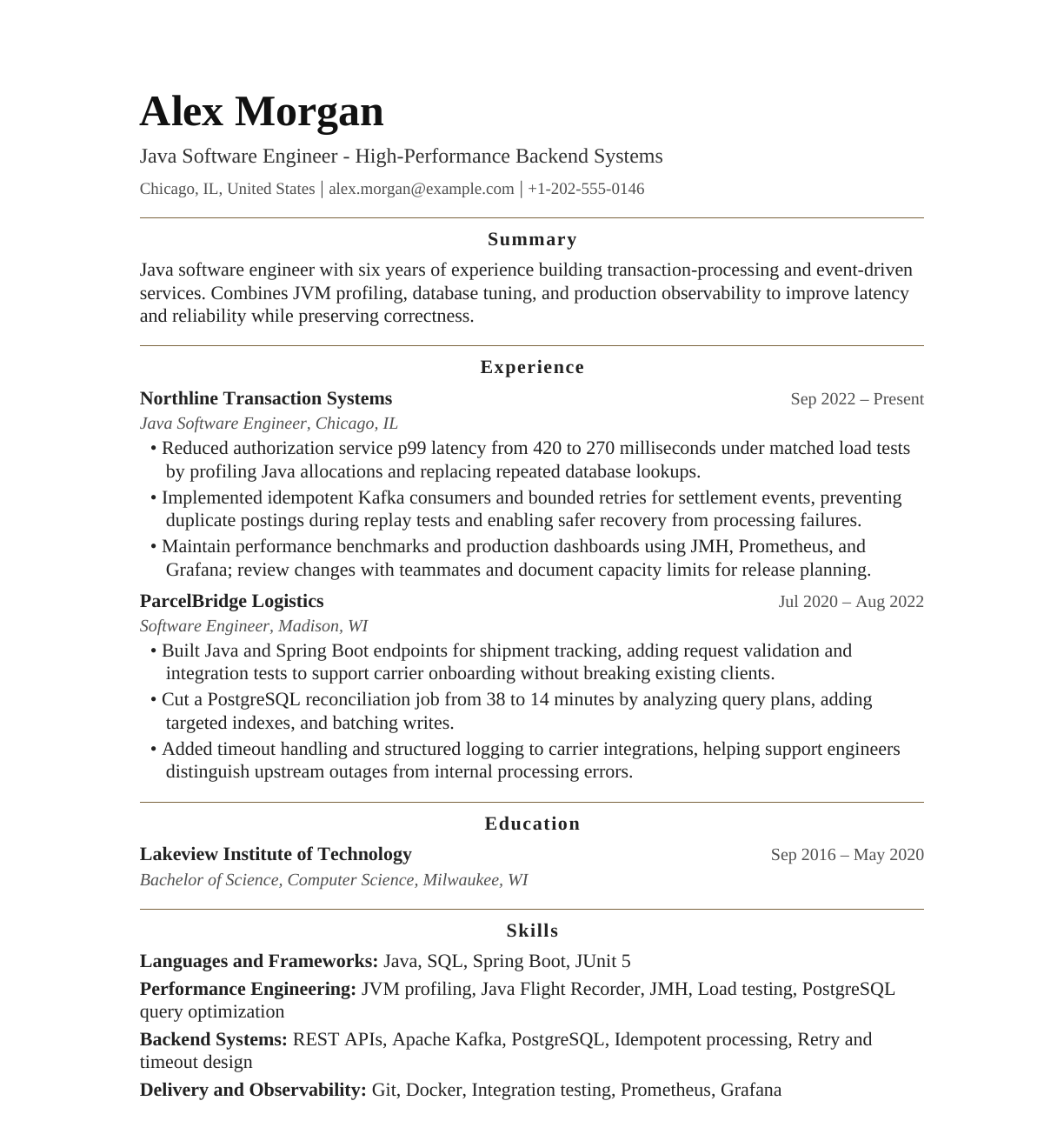 Java Software Engineer — High-Performance Systems resume example