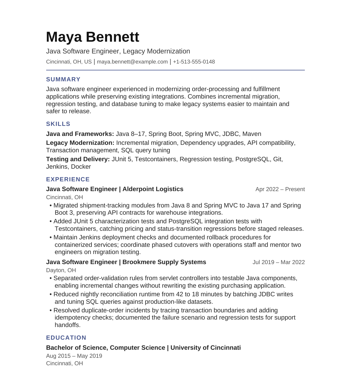 Java Software Engineer — Legacy Modernization resume example
