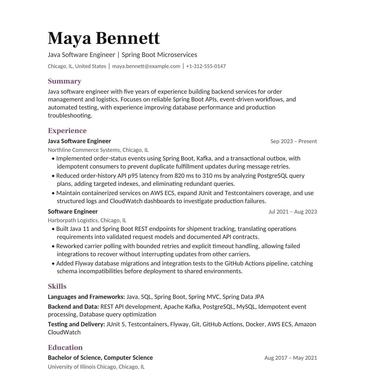 Java Software Engineer — Spring Boot Microservices resume example
