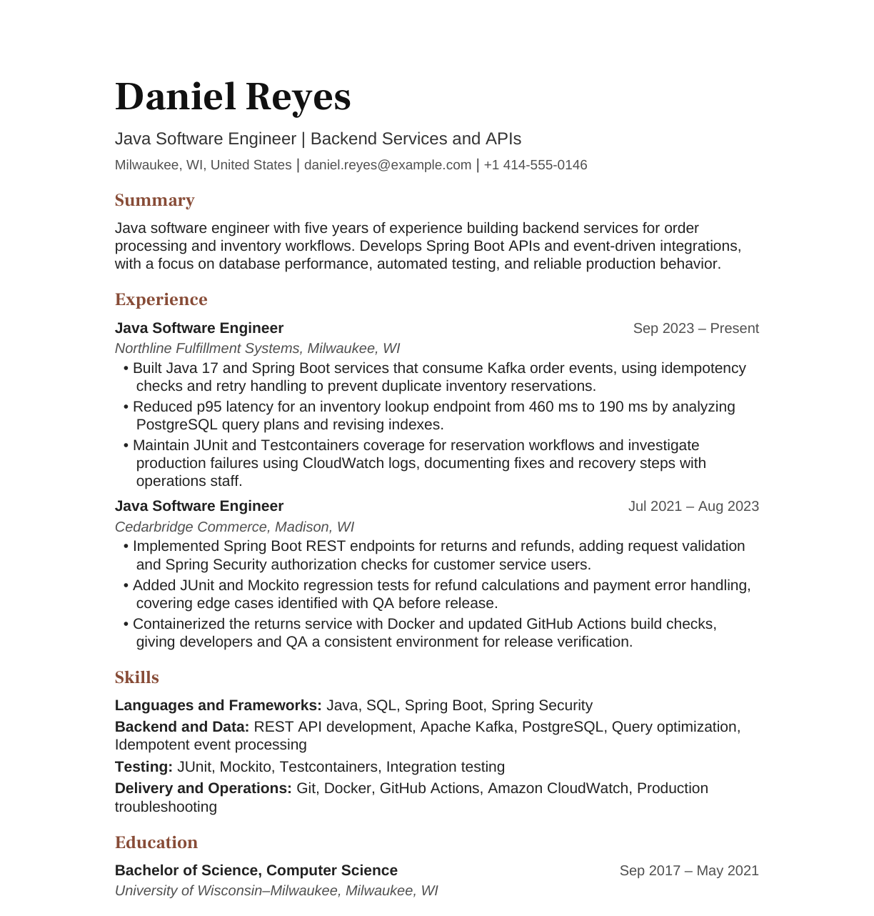 Java Software Engineer resume example