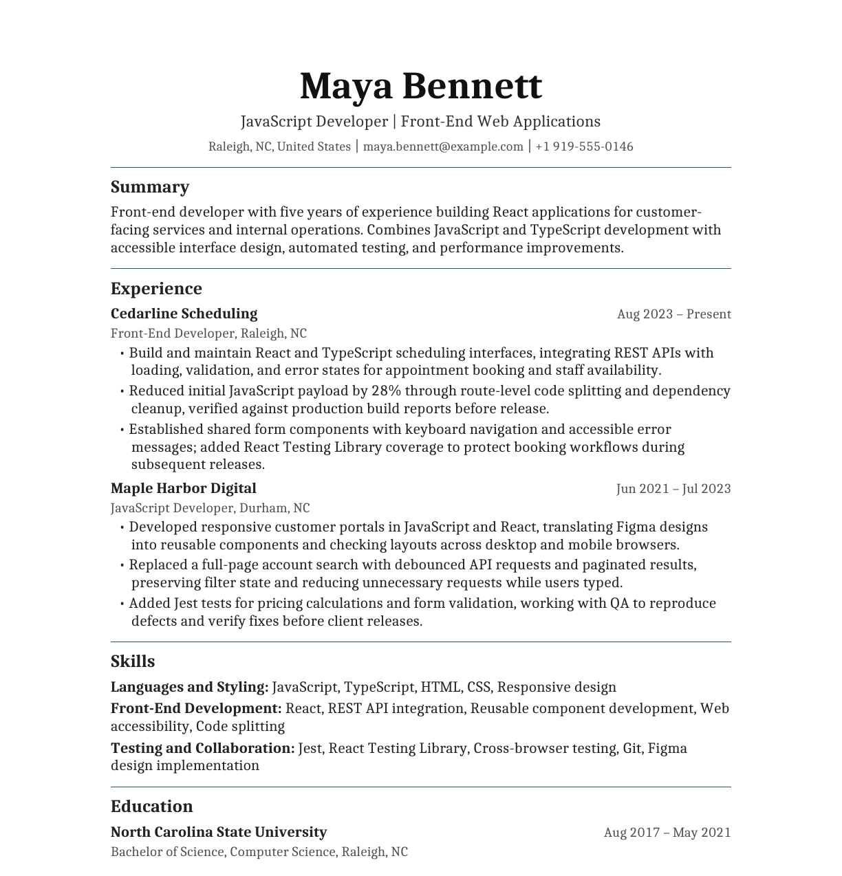 JavaScript Developer (Front-End) resume example